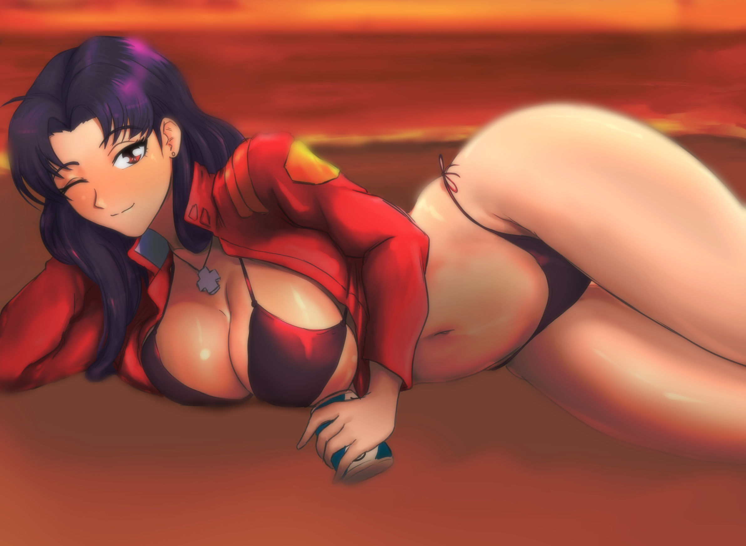 arm support, beach, beer can, big breasts, bikini, breasts, busty, cleavage, female, jacket open, large breasts, legs, looking at viewer, lying on side, misato katsuragi, navel, neon genesis evangelion, nonoise666, ocean, one eye closed, open jacket, pose, posing, purple hair, seductive, seductive smile, sensual, smile, solo, thighs, water, wink, winking at viewer