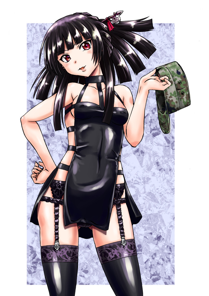 apron army_hat black_hair breasts cameltoe demigoddess garter_belt gate_-_jieitai_ka_no_chi_nite_kaku_tatakaeri goth goth_girl hat looking_at_viewer panties rory_mercury sao_satoru stockings