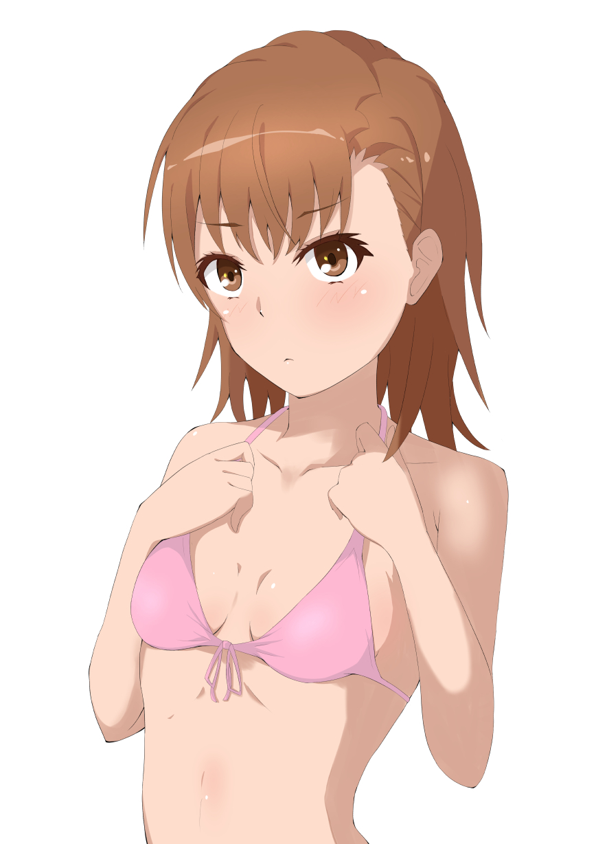 1girls 2020s 2023 :< bare_shoulders bikini blush breasts brown_eyes brown_hair brunette collarbone female looking_at_viewer matching_hair/eyes midriff misaka_mikoto pink_bikini pink_swimsuit short_hair small_breasts solo string_bikini swimsuit tabu teenage_girl teenager to_aru_kagaku_no_railgun to_aru_majutsu_no_index upper_body young