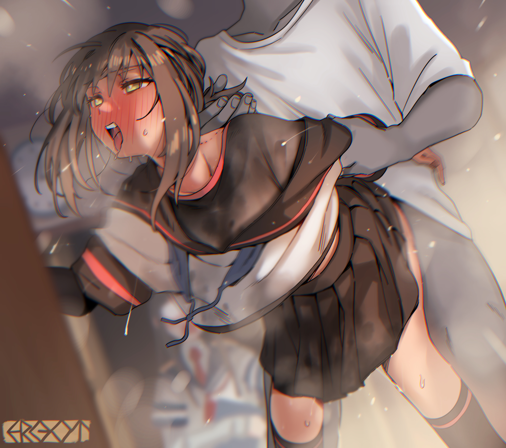 1boy, 2girls, against wall, ahe gao, arm held back, bent over, blush, bottomless, breasts, breath, brown hair, caught, clothed sex, clothes lift, door, ergot, father and daughter, female, female orgasm, fubuki (kantai collection), highres, incest, kantai collection, kneehighs, long sleeves, male, multiple females, multiple girls, ooyodo (kantai collection), open door, open mouth, orgasm, pleated skirt, ponytail, pussy, sailor collar, school uniform, sex, sex from behind, short hair, sidelocks, skirt, socks, solo focus, standing, standing sex, straight, surprised, sweat, teeth, tongue, tongue out, vaginal penetration, walk-in, yellow eyes