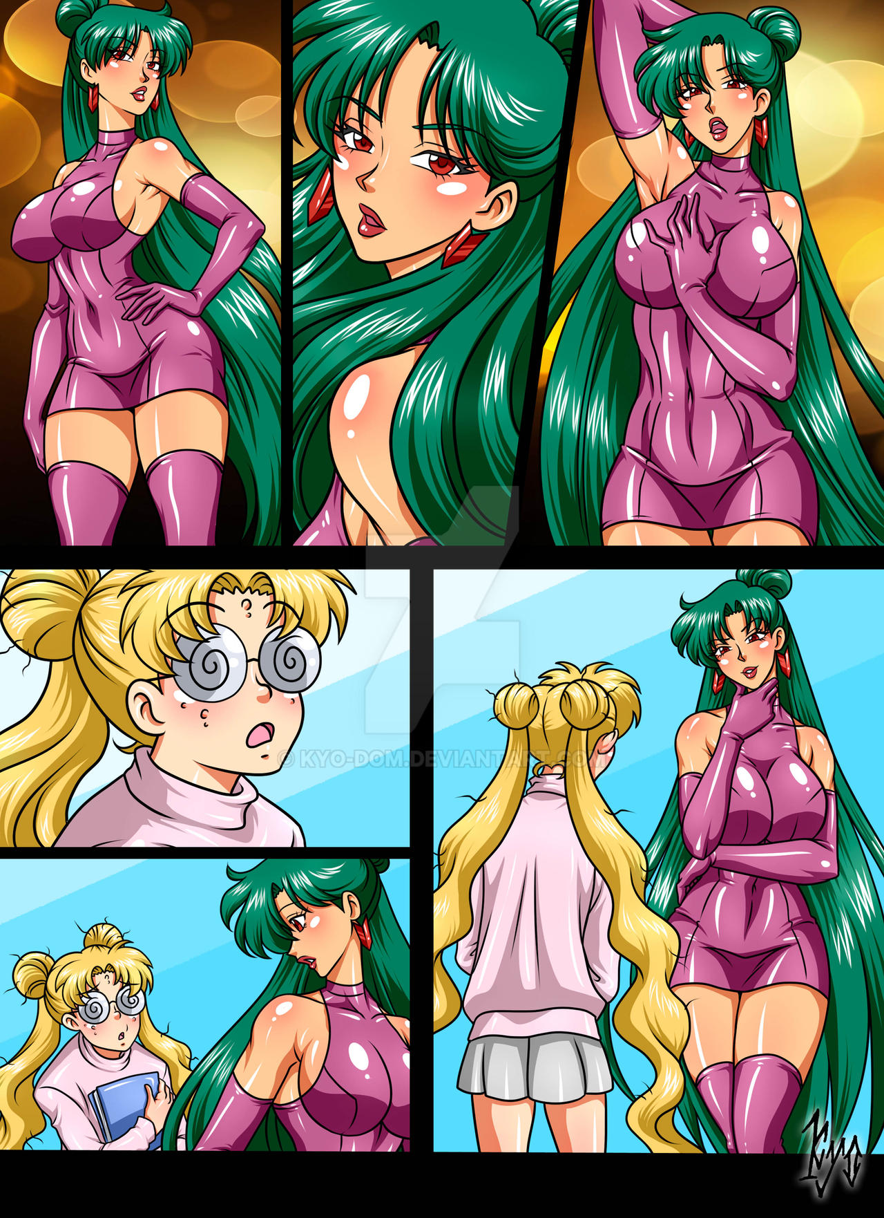 2girls bishoujo_senshi_sailor_moon clothing comic covered_navel dress elbow_gloves female glasses green_hair huge_ass huge_breasts kyo-domesticfucker large_breasts pre-transformation setsuna_meiou short_dress skirt stockings thick_lips thick_thighs thighhighs transformation usagi_tsukino wide_hips