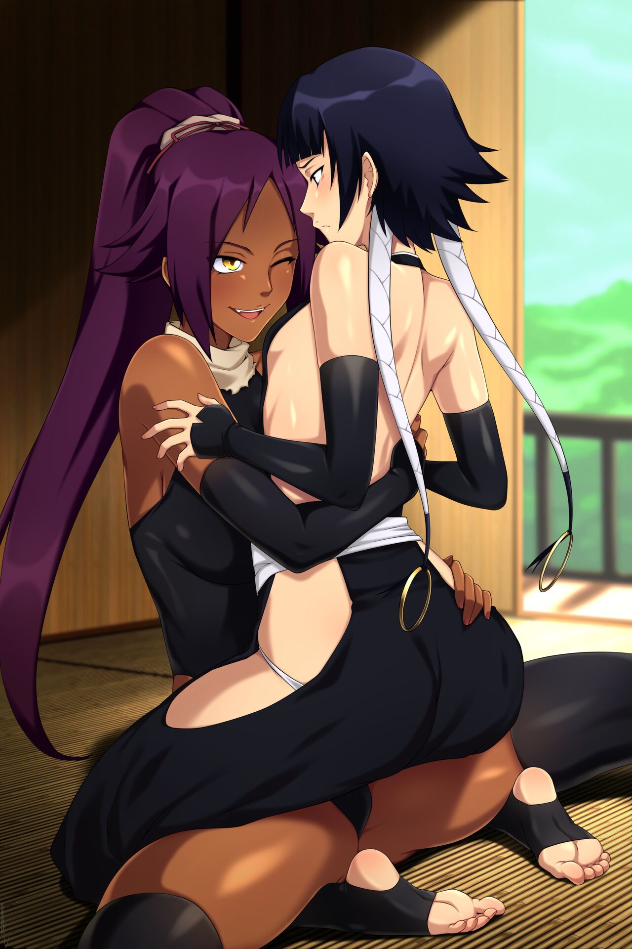 2girls, barefoot, black hair, bleach, clothed, clothed female, clothing, dark skin, dark-skinned female, feet, female, female only, fully clothed, interracial, light skin, light-skinned female, lindaroze, multiple females, multiple girls, open mouth, purple hair, shihouin yoruichi, soifon, soles, stirrup legwear, straddling, sui-feng, toeless legwear, toes, yoruichi shihouin, yuri