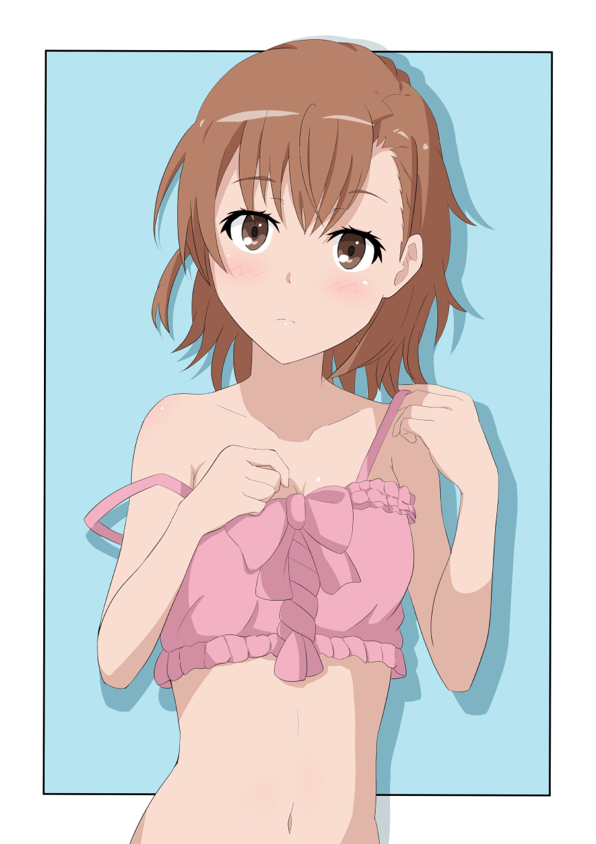 1girls 2020s 2023 :< bare_shoulders brown_eyes brown_hair brunette character_name cleavage collarbone female looking_away matching_hair/eyes midriff misaka_mikoto navel pink_clothing short_hair solo tabu teenage_girl teenager to_aru_kagaku_no_railgun to_aru_majutsu_no_index upper_body young