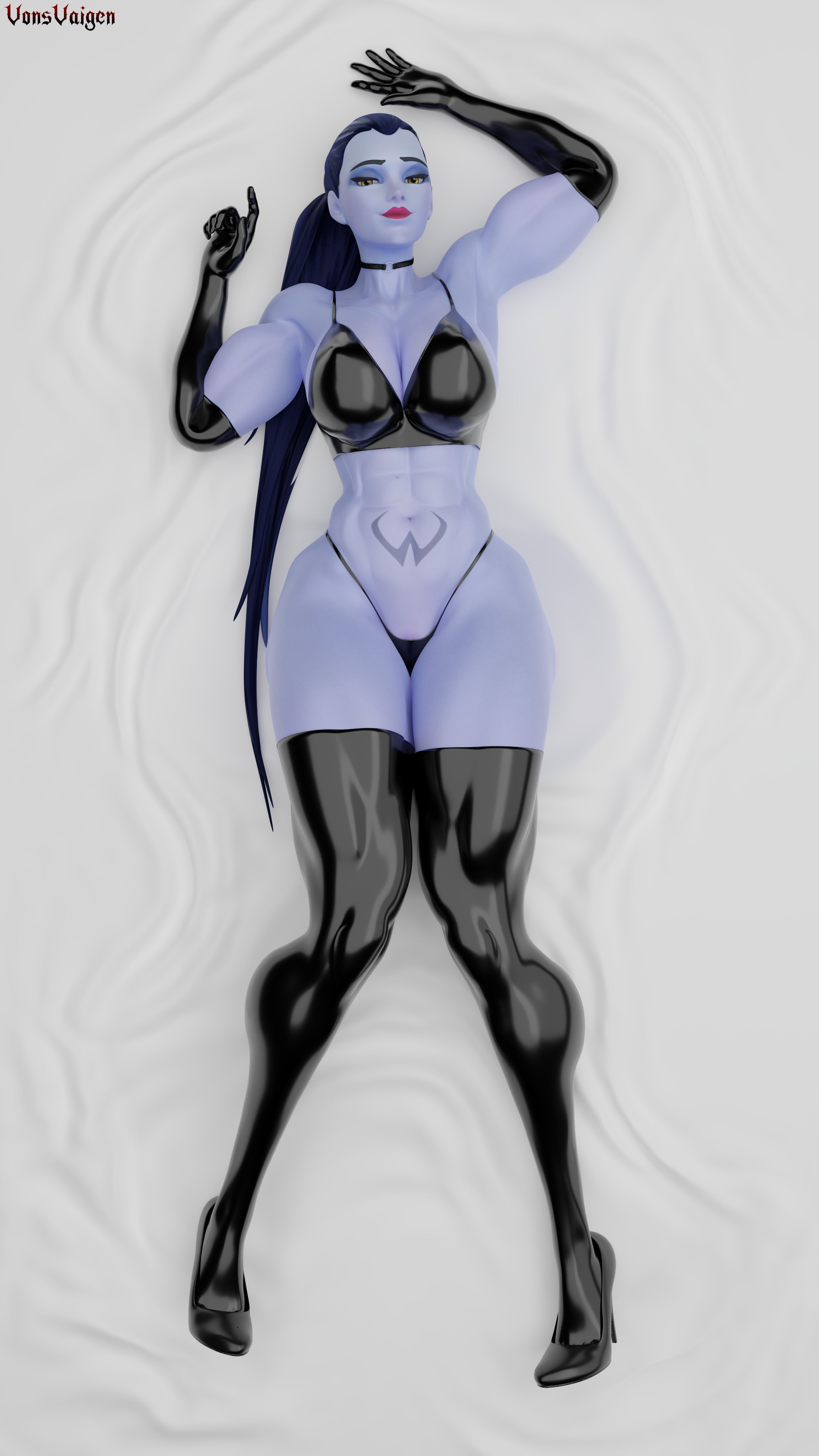 1girls, 3d, abs, amelie lacroix, ass, big ass, big breasts, black fingernails, black nails, black thong, blizzard entertainment, blue hair, braided ponytail, breasts, elbow sleeve, female, female only, fit, fit female, heels, high heels, looking at viewer, muscular, muscular female, muscular thighs, no pants, oiled, oiled skin, oily, overwatch, overwatch 2, ponytail, purple skin, purple-skinned female, solo, solo female, tattoo, tattoo on stomach, thick thighs, thighhighs, thong, thunder thighs, vonsvaigen, wide hips, widowmaker, yellow eyes