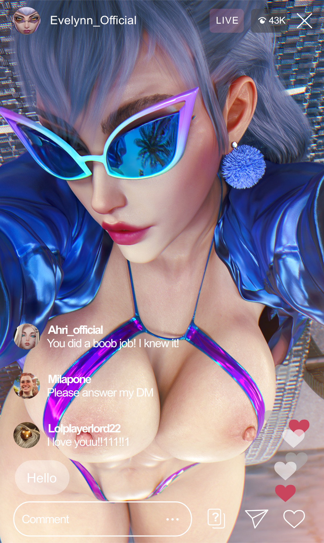 1girls, 3d, big breasts, bikini, blue-tinted eyewear, breasts, brown hair, evelynn, eyewear, female, hi res, k/da all out evelynn, k/da all out series, k/da series, large breasts, league of legends, lipstick, looking at viewer, milapone, navel, purple lipstick, purple-tinted eyewear, selfie, sling bikini, social media, solo, sunglasses, thick thighs, thighs, tinted eyewear, wide hips