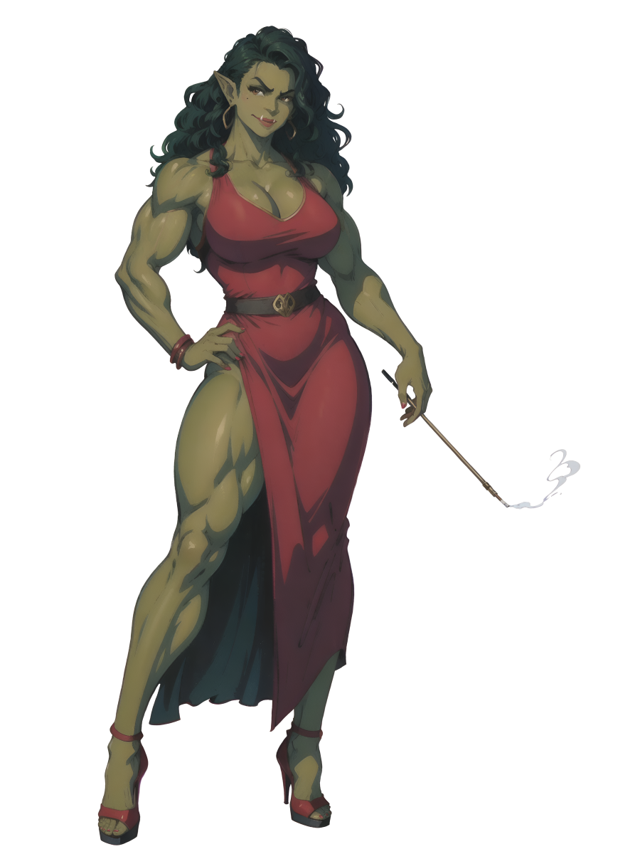 1girls amber_eyes beauty_mark biceps big_breasts black_hair cigarette_holder cleavage dress earrings female female_only female_orc femme_fatale full_body fully_clothed green_skin high_heels large_breasts long_hair mole_under_eye muscular_female muscular_thighs orc orc_female original_character pointy_ears red_dress red_lipstick red_nails seductive_pose smirking smoking solo voluptuous white_background