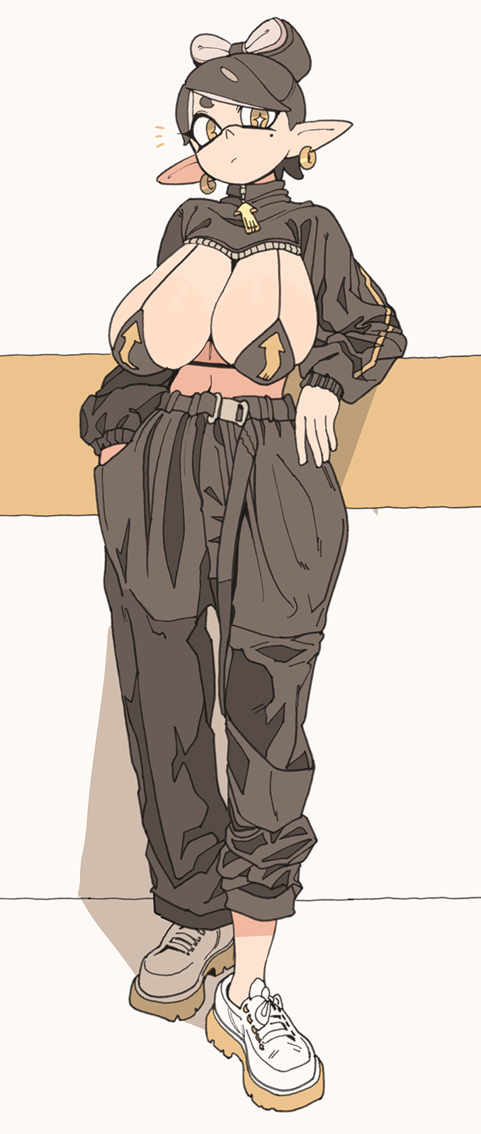 1girls, alternate breast size, baggy clothing, baggy pants, big breasts, bikini, black hair, breasts, callie (splatoon), female, hidden curves, huge breasts, inkling, light skin, light-skinned female, nintendo, pointy ears, short hair, splatoon, splatoon (series), tentacle hair, thighs, yuta agc
