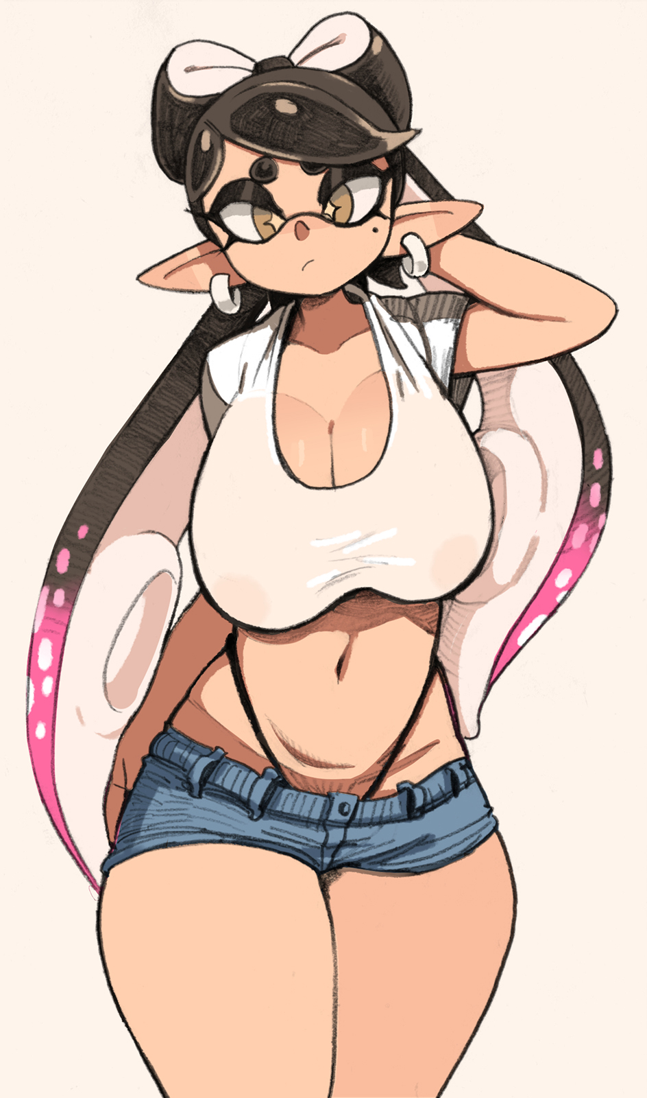 1girls big_breasts black_hair booty_shorts breasts callie_(splatoon) female hanging_breasts hips huge_breasts inkling jean_shorts light-skinned_female light_skin minishorts nintendo nipples nipples_visible_through_clothing pubic_hair pubic_hair_peek see-through see-through_clothing short_hair short_shorts shorts splatoon splatoon_(series) tentacle_hair thick_thighs thighs thong thong_above_shorts thong_straps wide_hips yuta_agc