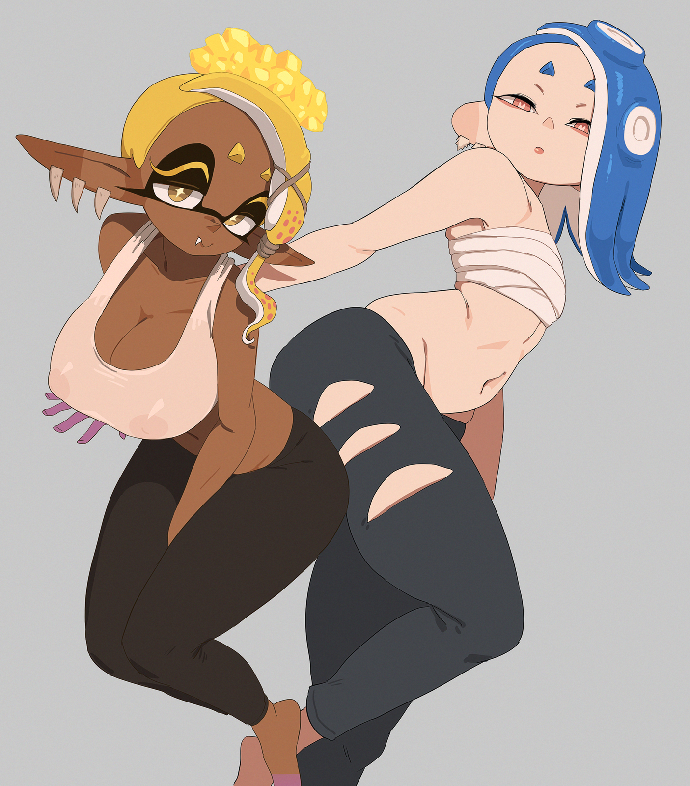 2girls, ass, bandaged chest, big ass, big breasts, blue hair, breast size difference, breasts, chocolate and vanilla, dark skin, dark-skinned female, deep cut (splatoon), female, frye (splatoon), gold eyes, horny, huge ass, huge breasts, inkling, large ass, light skin, light-skinned female, long ears, looking at viewer, naughty face, nintendo, octoling, pointy ears, red eyes, shiver (splatoon), small breasts, splatoon, splatoon (series), splatoon 3, sports bra, sportswear, tentacle hair, yellow hair, yoga pants, yuta agc