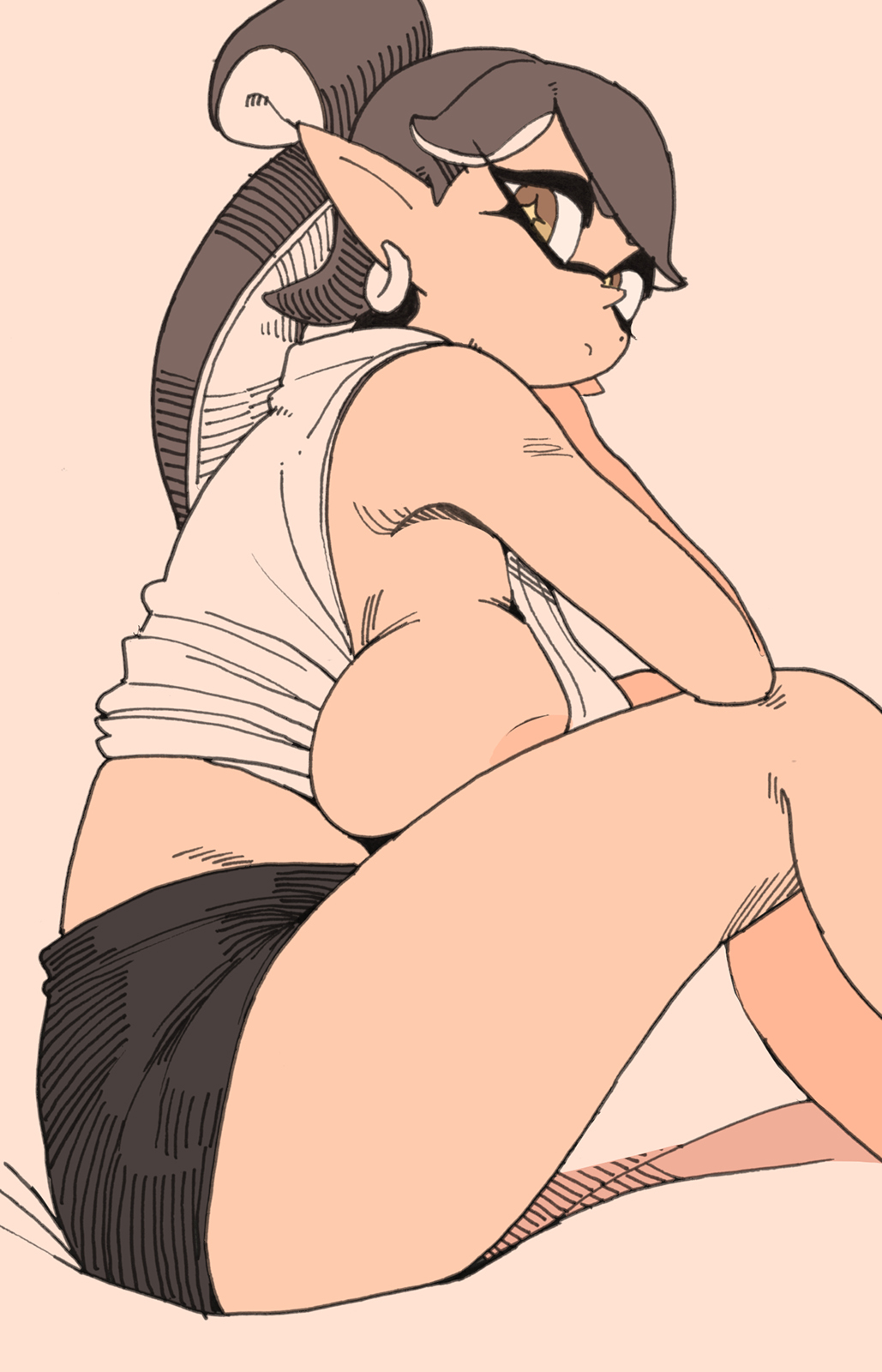 1girls, alternate breast size, ass, bare shoulders, beauty mark, big ass, big breasts, black hair, booty shorts, breasts, breasts out, callie (splatoon), female, huge ass, huge breasts, inkling, light skin, light-skinned female, long hair, looking at viewer, mole under eye, nintendo, nipple slip, short shorts, shorts, splatoon, splatoon (series), tank top, tentacle hair, thick thighs, too small clothes, yellow eyes, yuta agc