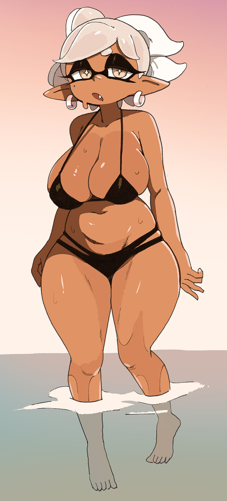 1girls, alternate skin color, big breasts, bikini, bottom heavy, breasts, chubby, earrings, facial markings, female, huge breasts, inkling, large breasts, marie (splatoon), nintendo, pointy ears, short hair, splatoon, splatoon (series), tan, tan-skinned female, tanned skin, tentacle hair, thick thighs, voluptuous, white hair, wide hips, yellow eyes, yuta agc