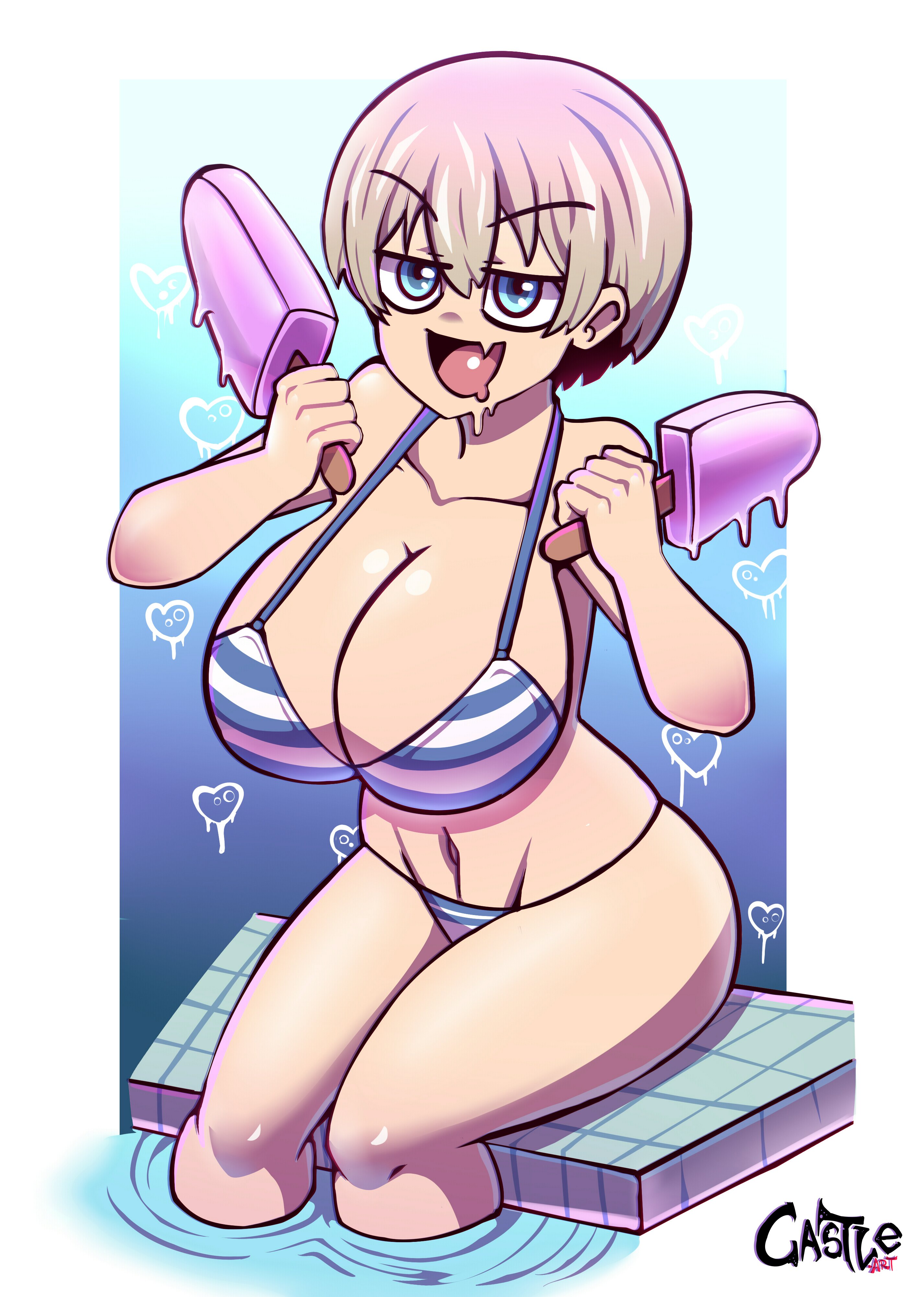 1girls, big breasts, bikini, breasts, castleart, female, ice cream, pool, short hair, silver hair, striped bikini, uzaki hana, uzaki-chan wa asobitai!