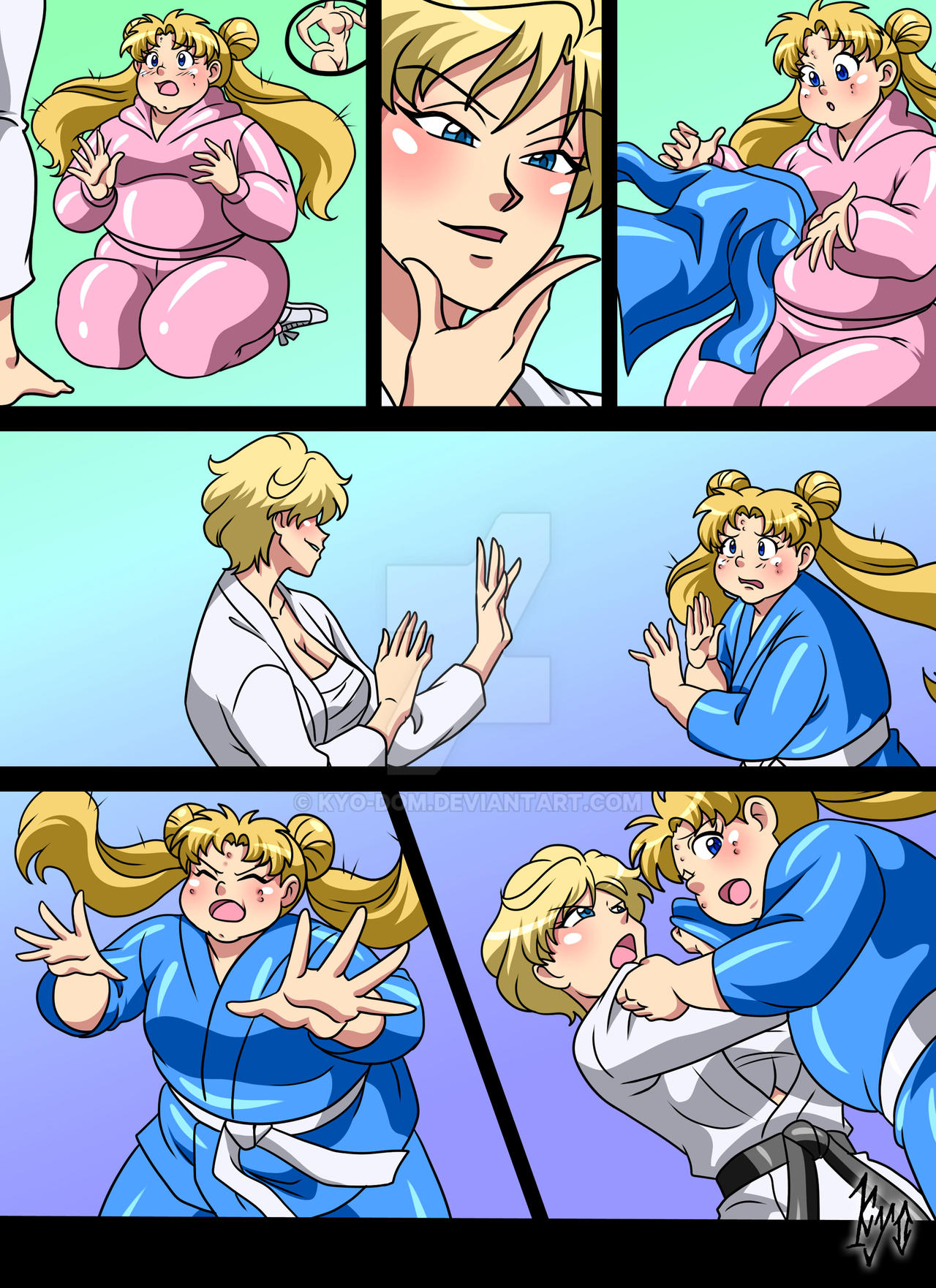 2girls bishoujo_senshi_sailor_moon chest_wraps clothing comic fat female haruka_tenou huge_ass huge_breasts kyo-domesticfucker large_ass large_breasts pre-transformation sarashi thick_thighs transformation usagi_tsukino wide_hips