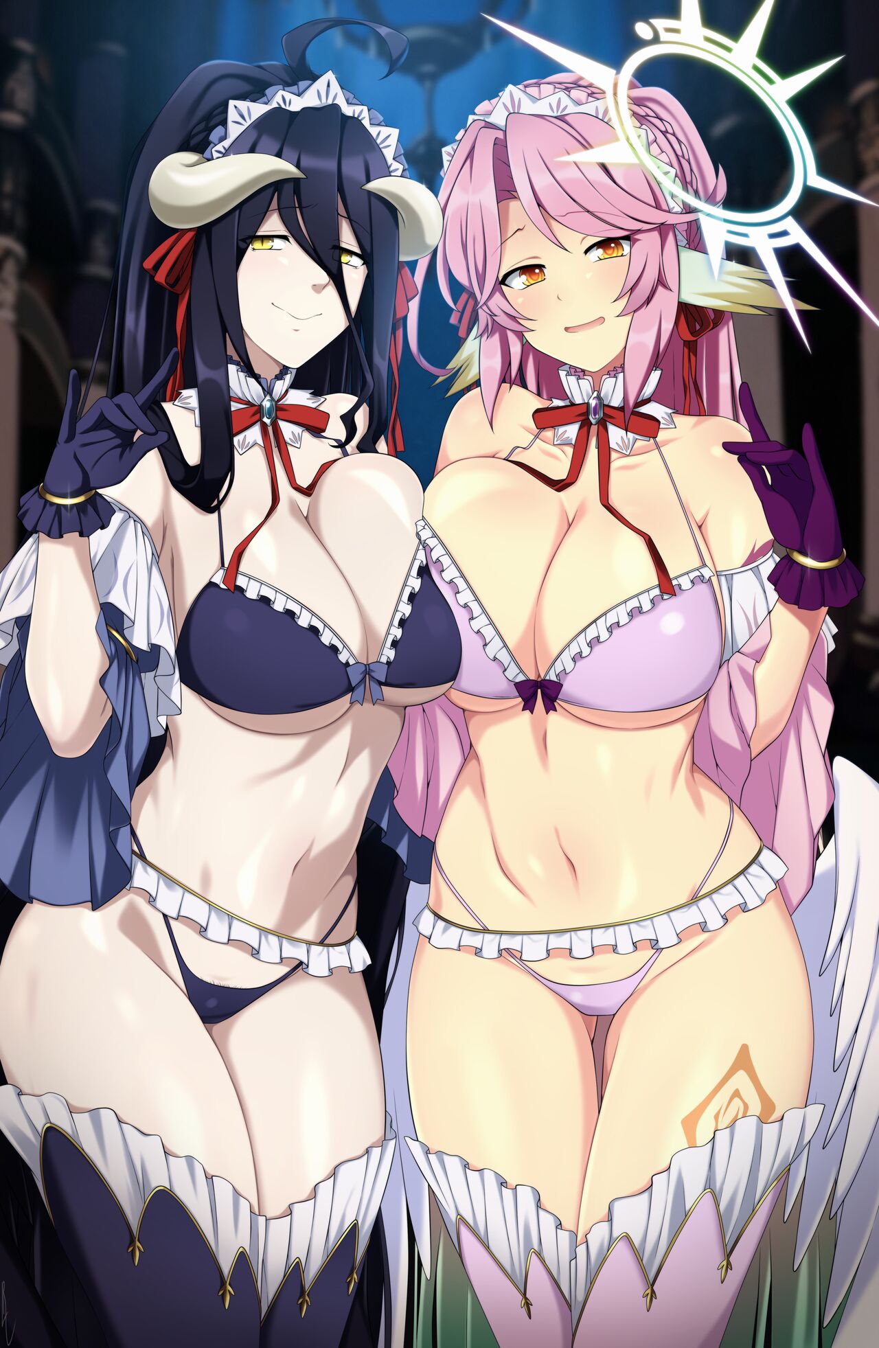 2girls albedo_(overlord) bra female female_only jibril_(no_game_no_life) lindaroze multiple_girls no_game_no_life overlord_(maruyama) panties succubus