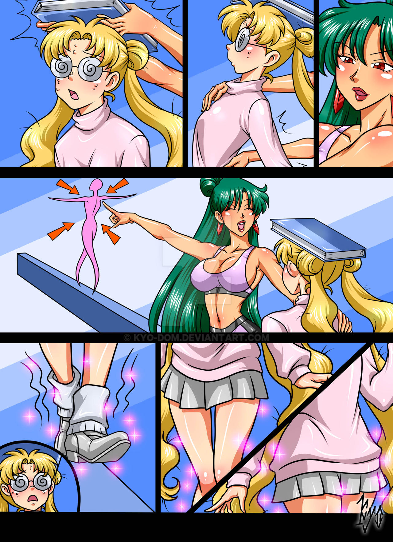 2girls bishoujo_senshi_sailor_moon bra clothing comic female glasses huge_ass huge_breasts kyo-domesticfucker large_breasts midriff navel pre-transformation setsuna_meiou skirt sports_bra sports_panties sportswear thick_lips thick_thighs transformation usagi_tsukino wide_hips