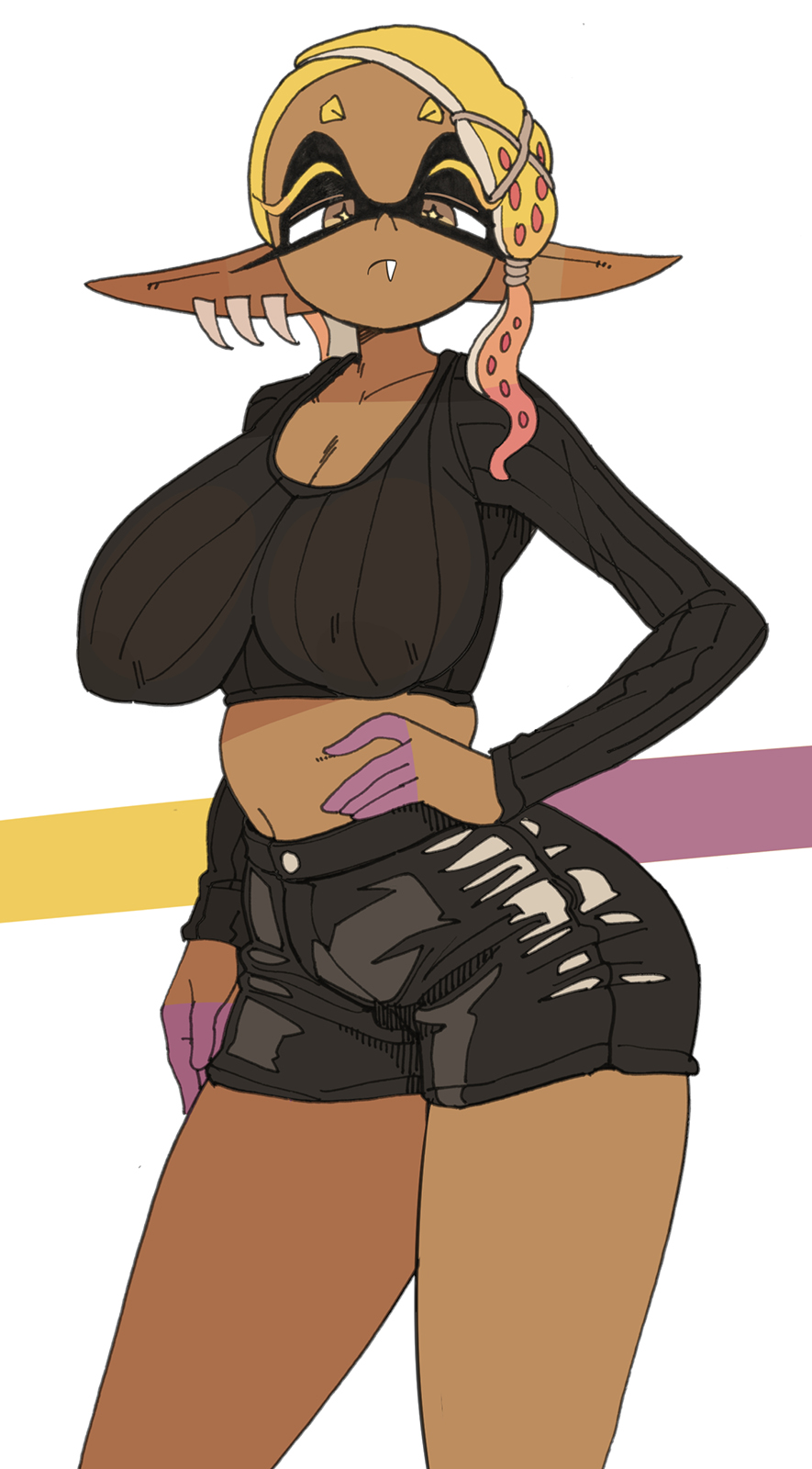 1girls, ass, asymmetrical hair, big ass, big breasts, booty shorts, breasts, brown skin, crop top, cute fang, dark skin, dark-skinned female, facial markings, female, frye (splatoon), hand on hip, hips, huge ass, huge breasts, inkling, latex, looking at viewer, medium hair, midriff, nintendo, short shorts, shorts, slim waist, splatoon, splatoon (series), splatoon 3, thick thighs, thighs, wide hips, yellow eyes, yellow hair, yuta agc