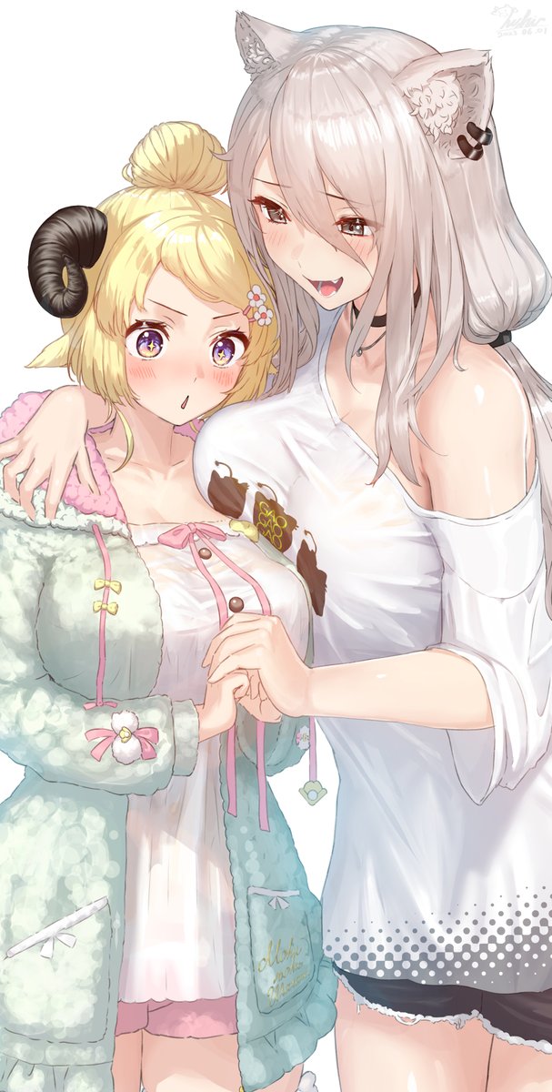 2d 2girls arm_on_shoulder arm_over_shoulder bare_shoulders blonde_hair blush blush_lines boobs breast_press breasts casual_clothes digital_drawing_(artwork) female female_focus female_only hair handholding holoforce hololive hololive_gen_5 hololive_japan image large_breasts light_skin lion_girl long_hair looking_at_partner open_eyes open_mouth pressing_breasts_together sheep_girl shishiro_botan short_hair shorter_female shoulders standing taller_female taller_girl tsunomaki_watame virtual_youtuber white_hair