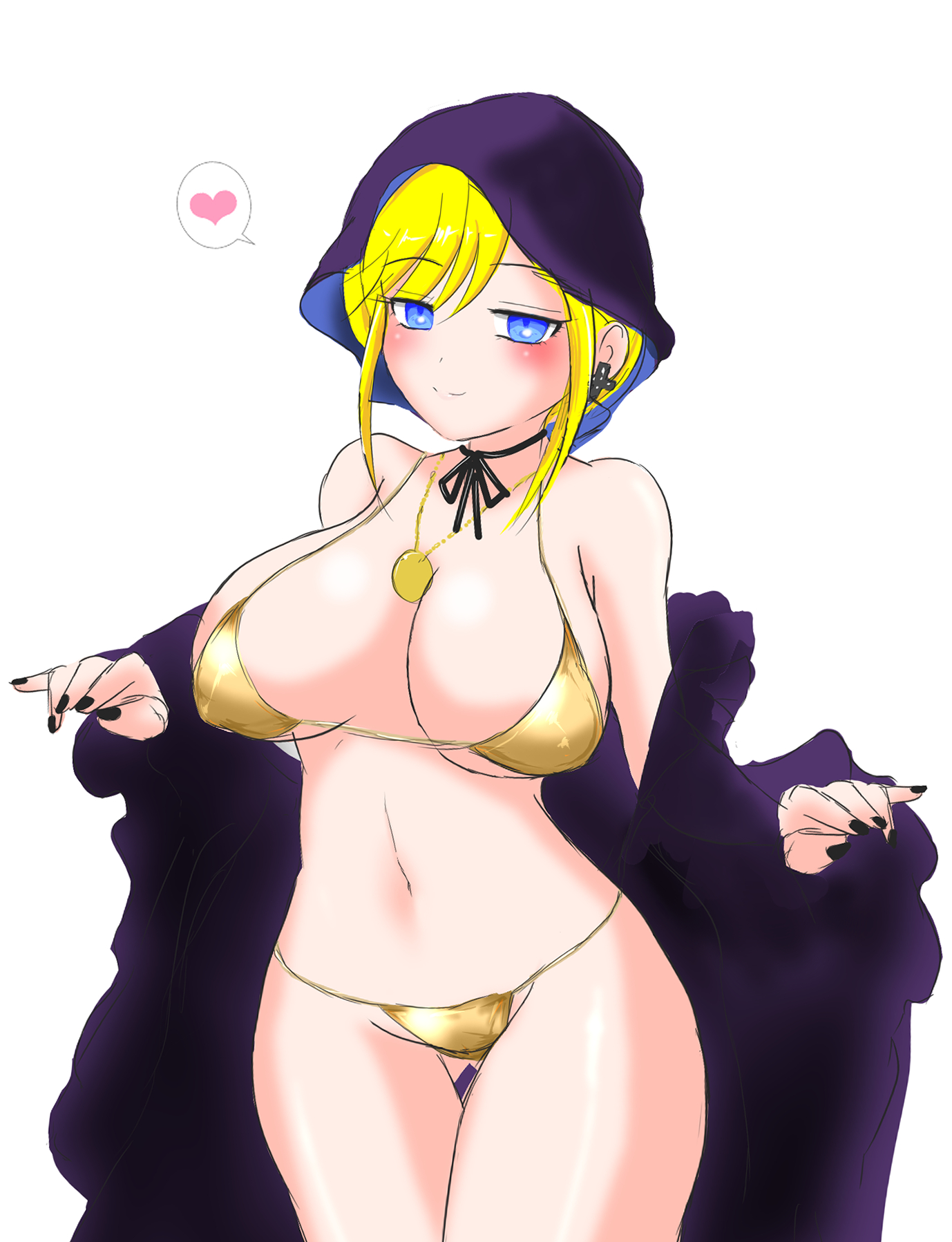 1girls, akiharu, alice lendrott, big breasts, big thighs, bikini, blonde hair, blue eyes, blush, breasts, busty, female, female only, heart, navel, shinigami bocchan to kuro maid, solo, solo female, swimsuit, thick thighs, thighs, voluptuous, white background, yellow bikini, yellow swimsuit