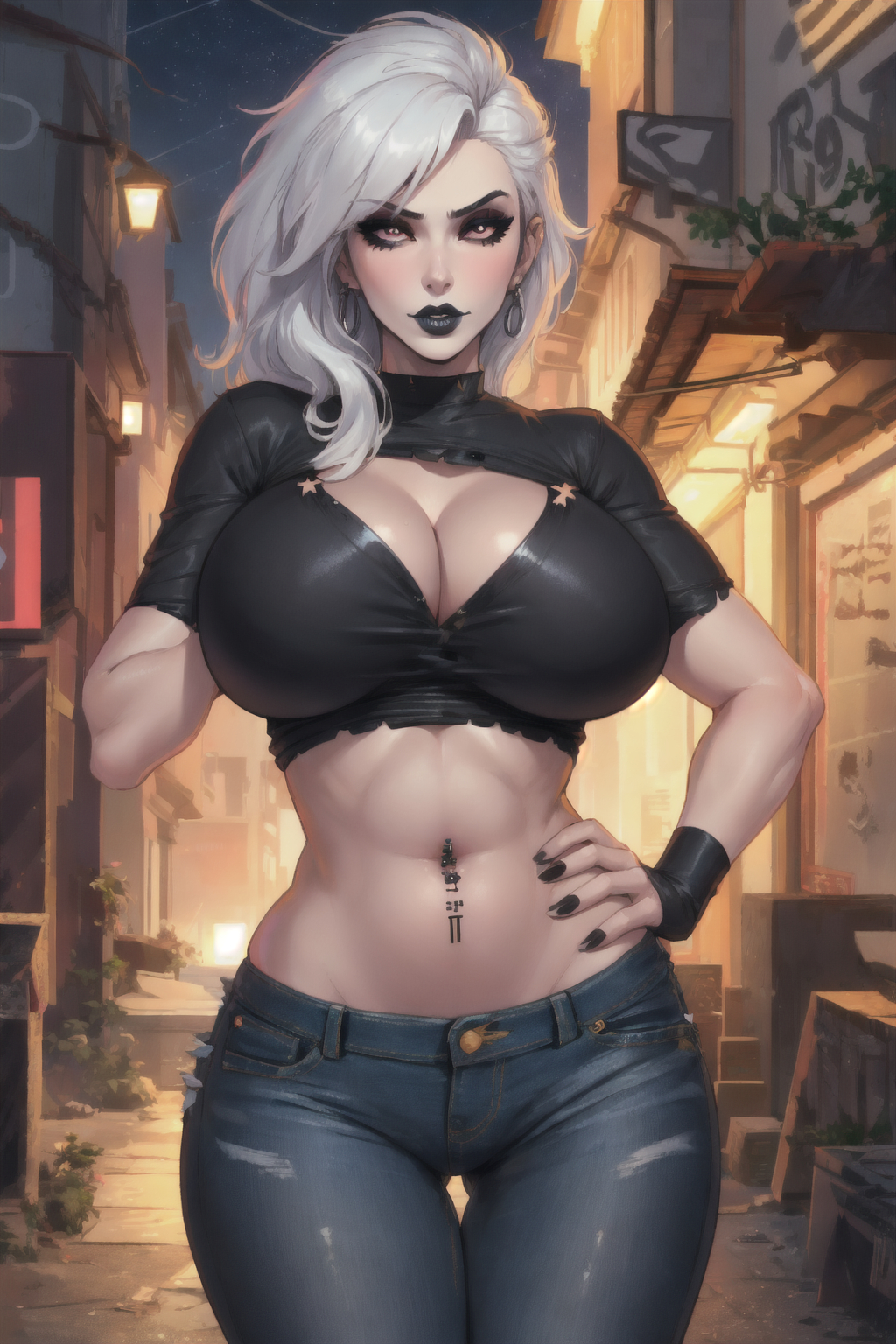 ai generated, big breasts, black lipstick, breasts, busty, earrings, eyeshadow, female, goth girl, hand on hip, hourglass figure, huge breasts, jeans, long hair, midriff, narrow waist, original character, seductive look, slim waist, the hotshot, thick thighs, thigh gap, tight jeans, white hair