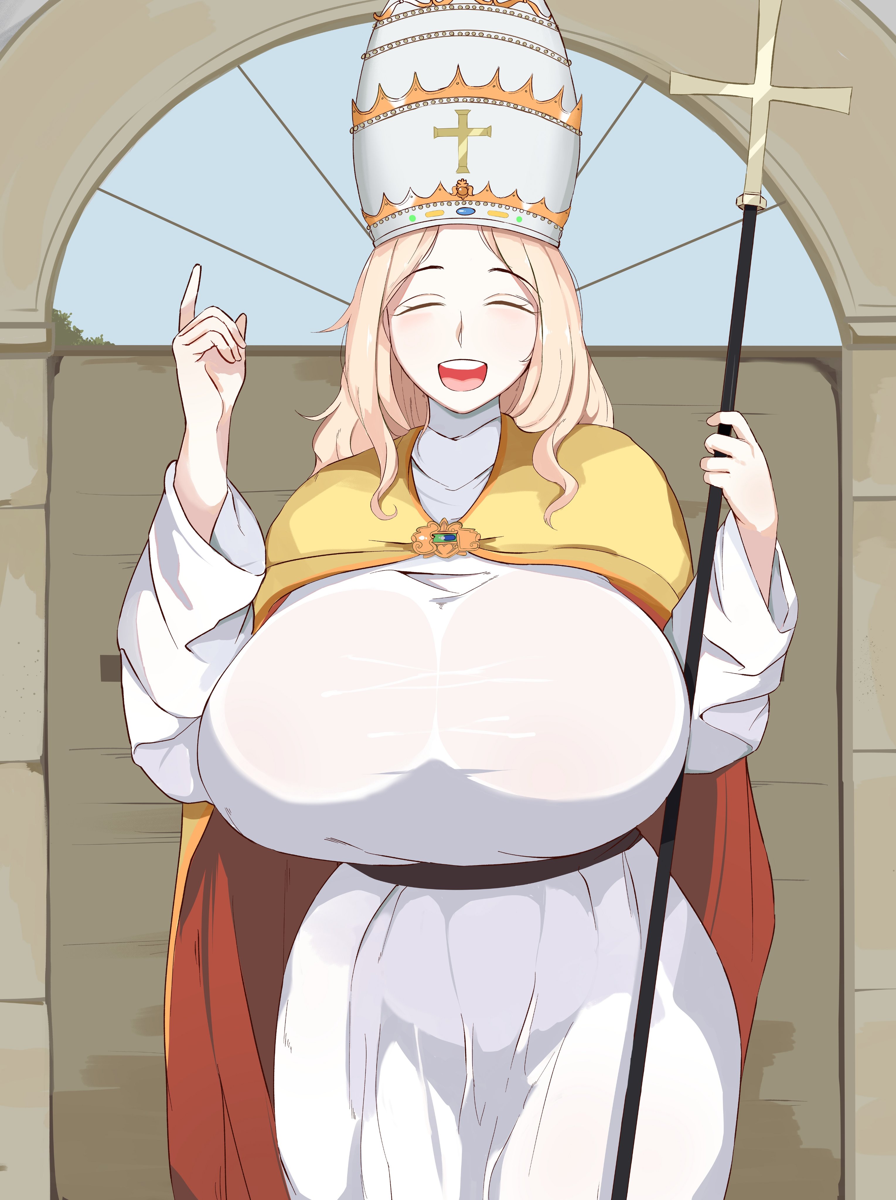 big breasts, blonde female, blonde hair, breasts, breasts visible through clothing, closed eyes, closed eyes smile, country inc (yuric inc), cuteakita, female, gigantic breasts, huge breasts, light skin, light-skinned female, papal tiara, religious, religious clothing, religious symbols, thin waist, vatican city (yuric inc), white skin, wide hips, yuric inc