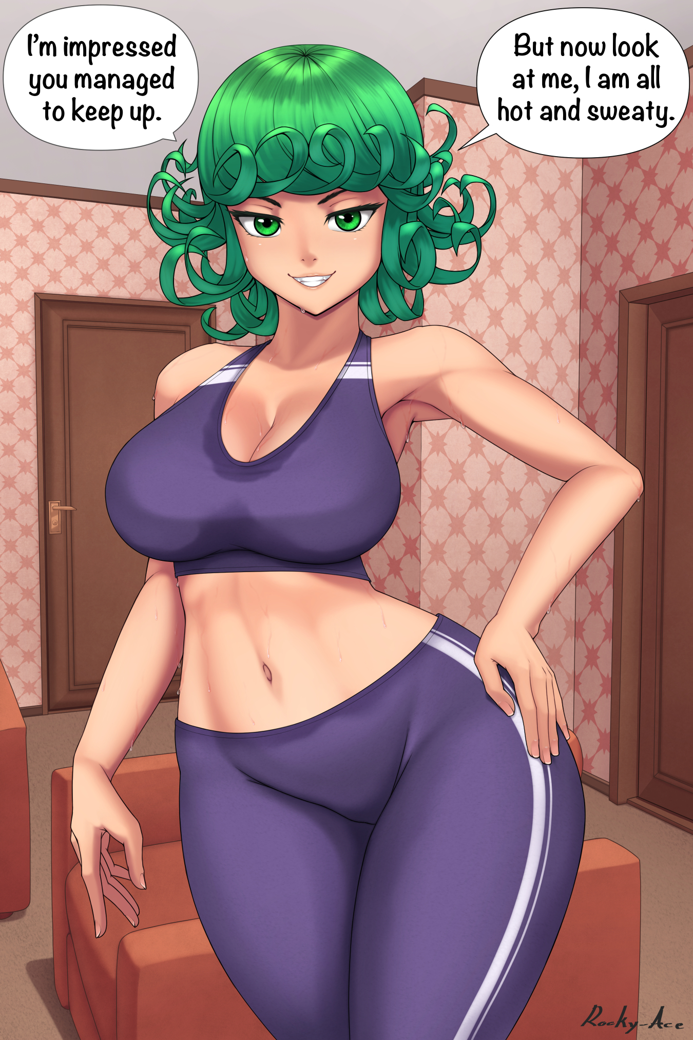 1girls, 2023, alternate costume, alternate version available, big breasts, bottomwear, breasts, cleavage, english, english text, female, female only, hand on hip, hands on hips, hips, living room, looking at viewer, mature, mature female, milf, one-punch man, pants, rocky-ace, smile, solo, solo female, speech bubble, sports bra, sportswear, sweat, sweat stain, sweatdrop, tatsumaki, text, topwear, wide hips