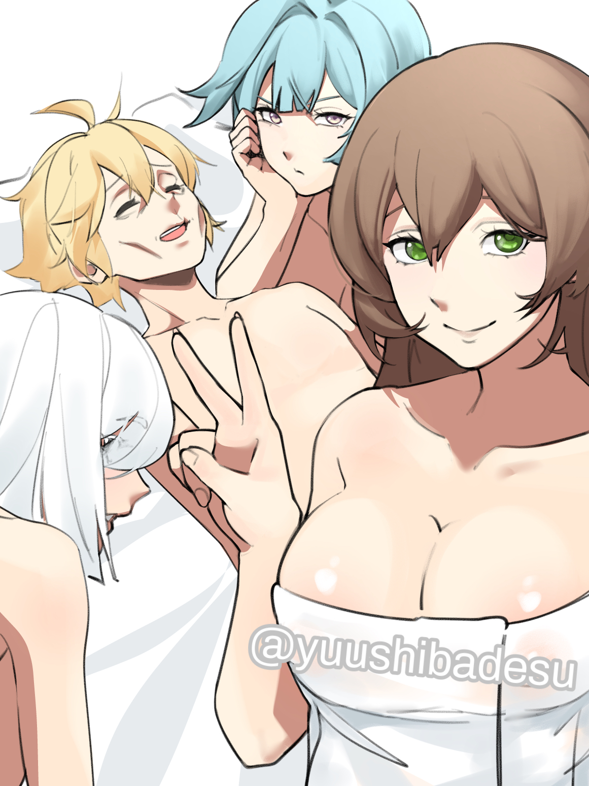 1boy, 3girls, aether (genshin impact), after sex, angry face, bed, bedroom, big breasts, breasts, color, drawing, eula (genshin impact), female, genshin impact, guy tired after sex (meme), lisa (genshin impact), long hair, male, meme, shenhe (genshin impact), short hair, smiley face, straight, v, yuushiba