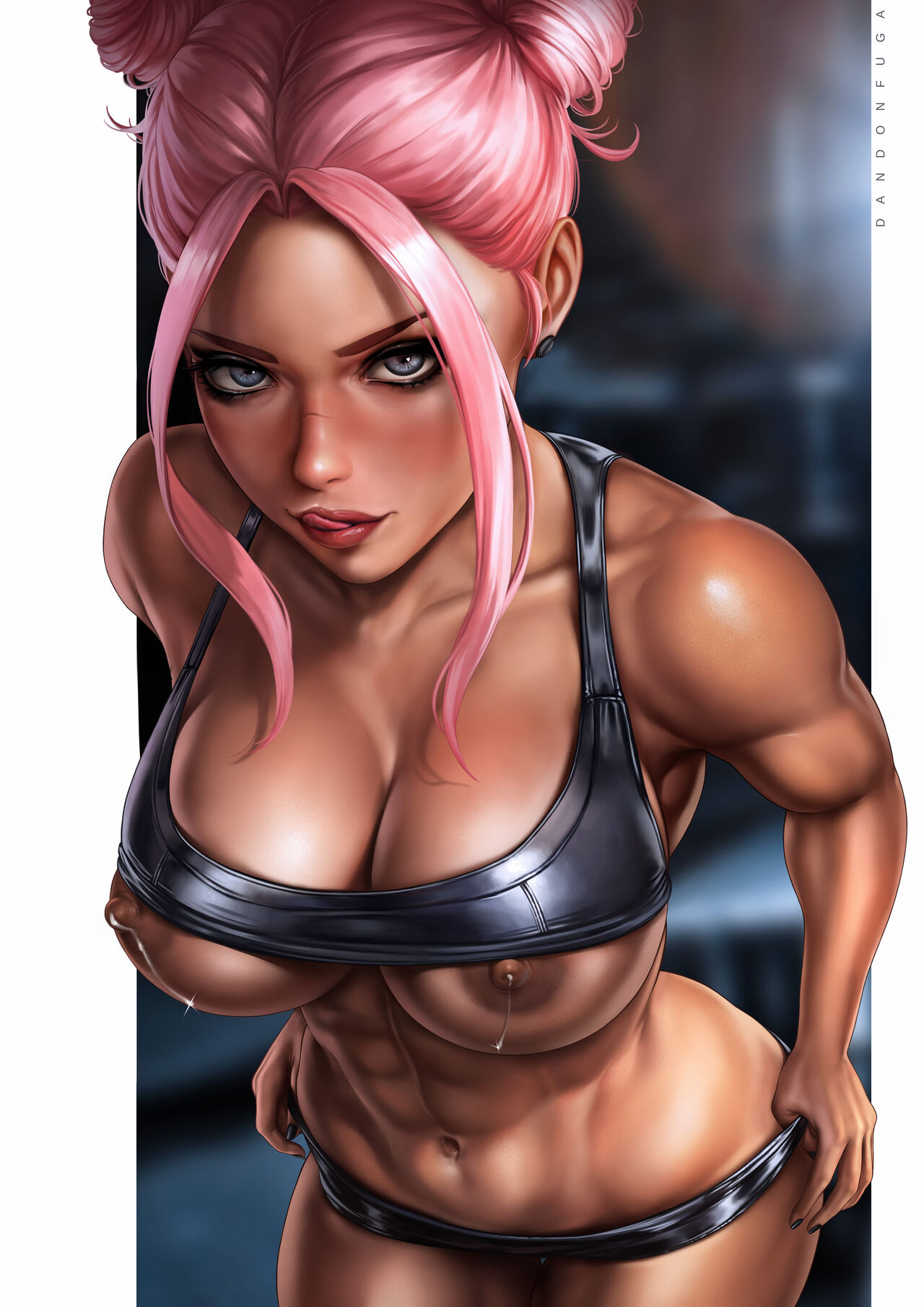 1girls, 2023, areola, areolae, athletic, athletic female, big breasts, blue eyes, bra lift, breasts, brown areola, brown areolae, brown nipples, bubble (dandon fuga), busty, child bearing hips, dandon fuga, dark areola, dark areolae, dark nipples, dark skin, dark-skinned female, female, female focus, female only, female pubic hair, fit, fit female, hair bun, hair buns, high resolution, highres, hips, lace, lactation, lactation without expressing, large breasts, large filesize, looking at viewer, milk, muscular, muscular female, navel, nipples, original, original character, pink hair, sports bra, thick thighs, thighs, toned, toned body, toned female, toned stomach