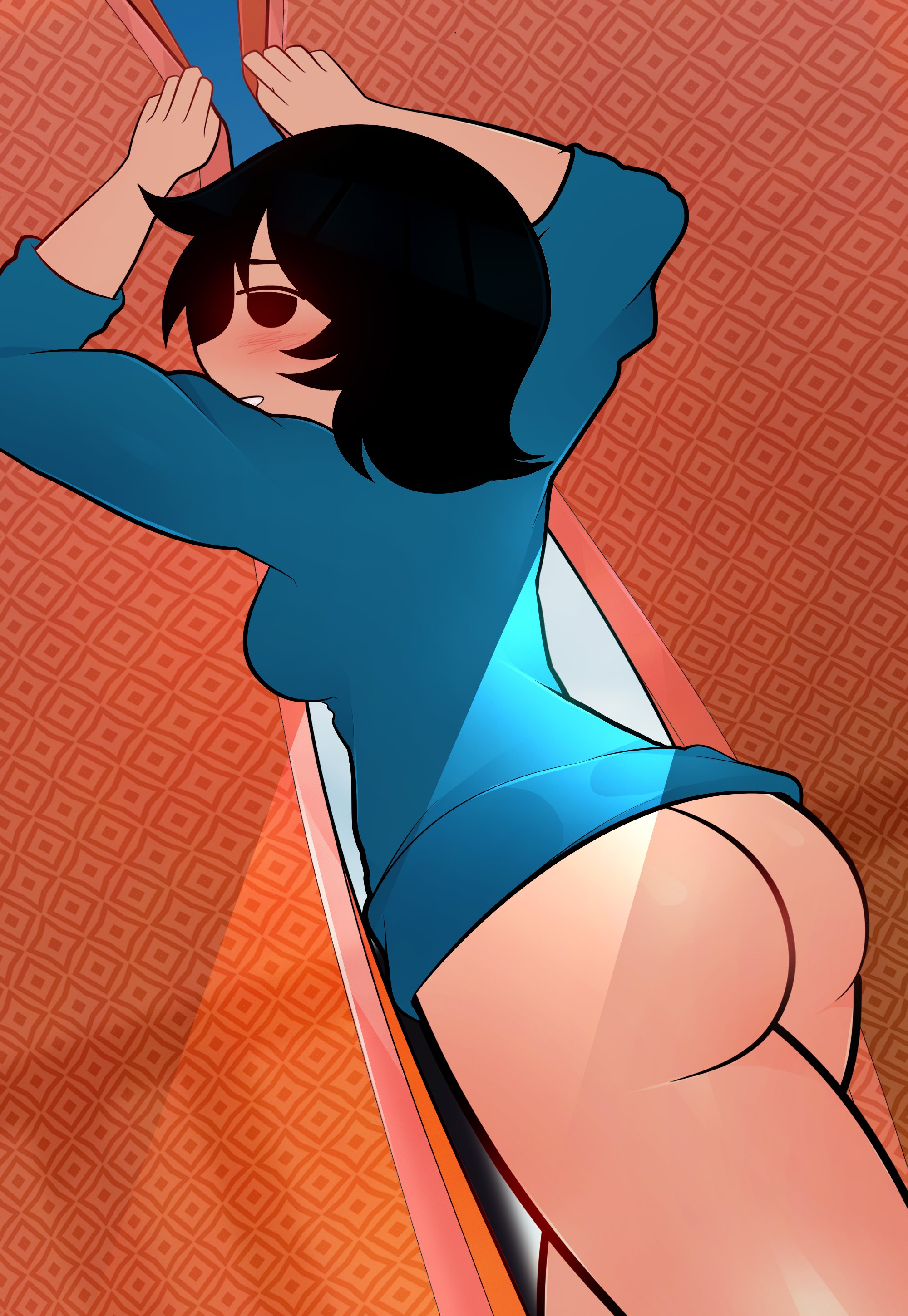1girls, 2023, arkeus, arms up, ass, ass focus, black eyes, black hair, blush, bottomless, female, knives chau, looking at viewer, looking back, mob face, scott pilgrim, short hair, solo female, standing, sweater, tagme, thighs