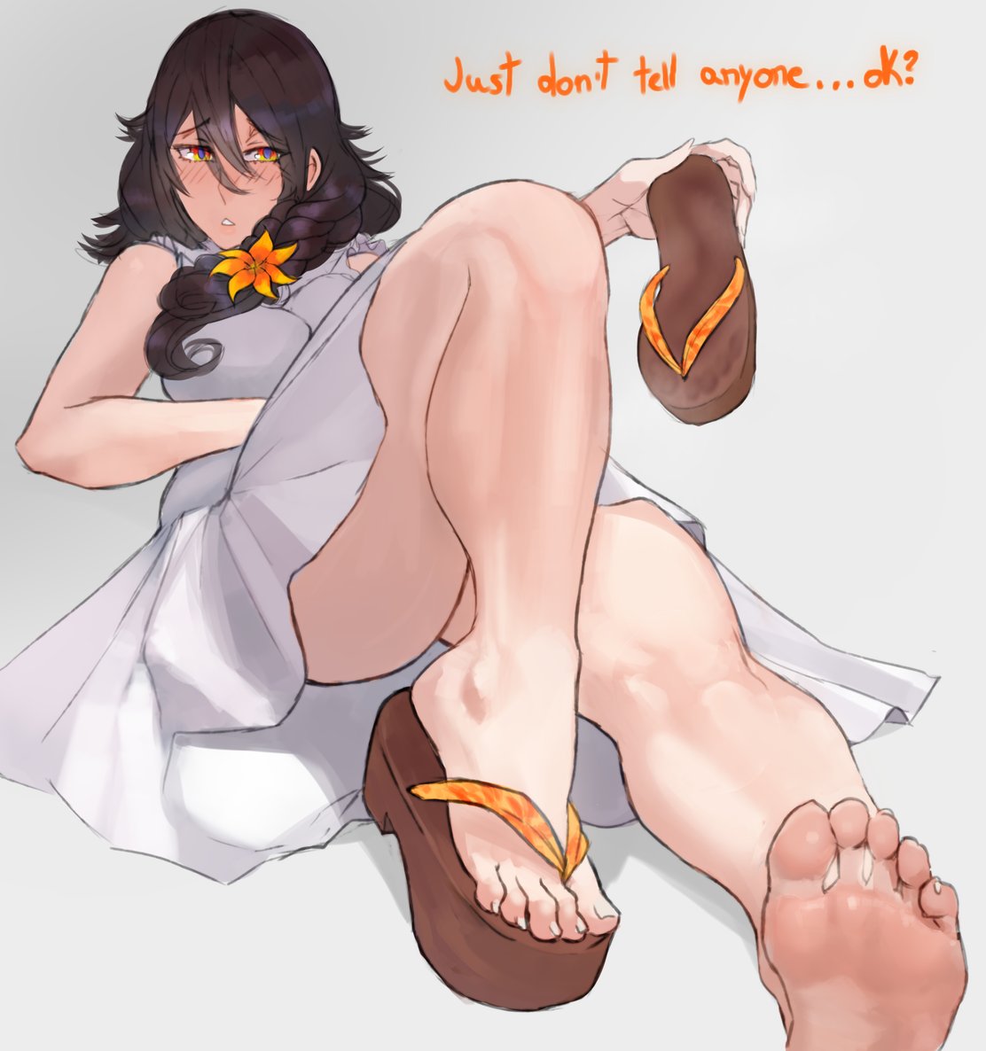 1girls aradia_(night_of_revenge) big_breasts black_hair blush dress embarrassed feet feet_fetish flower foot_fetish foot_focus hair_ornament long_hair night_of_revenge okobo one_bare_foot open_mouth partially_clothed sandals scas simple_background solo text thick_thighs toes yellow_eyes