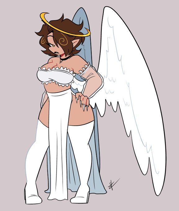 angel, angel girl, angel wings, breasts, creature, female, friday night funkin, friday night funkin mod, halo, high heel boots, shanice (shawncookie), shawncookie, thick thighs, thighhighs, white nails, yellow eyes