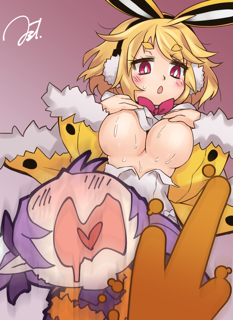 alternate_version_available astjiete breasts bunny_ears bunny_girl bunnysuit covering_breasts disgaea disgaea_5 exposed_breasts large_breasts majorita_(disgaea) nippon_ichi_software sweat usalia_(disgaea)