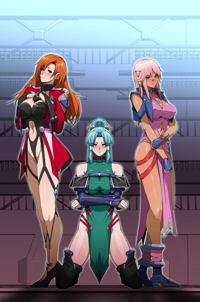 3girls ariel_org breasts cliana_rimskaya cosplay dark-skinned_female dark_skin glacies gureko_rouman large_breasts multiple_girls super_robot_wars