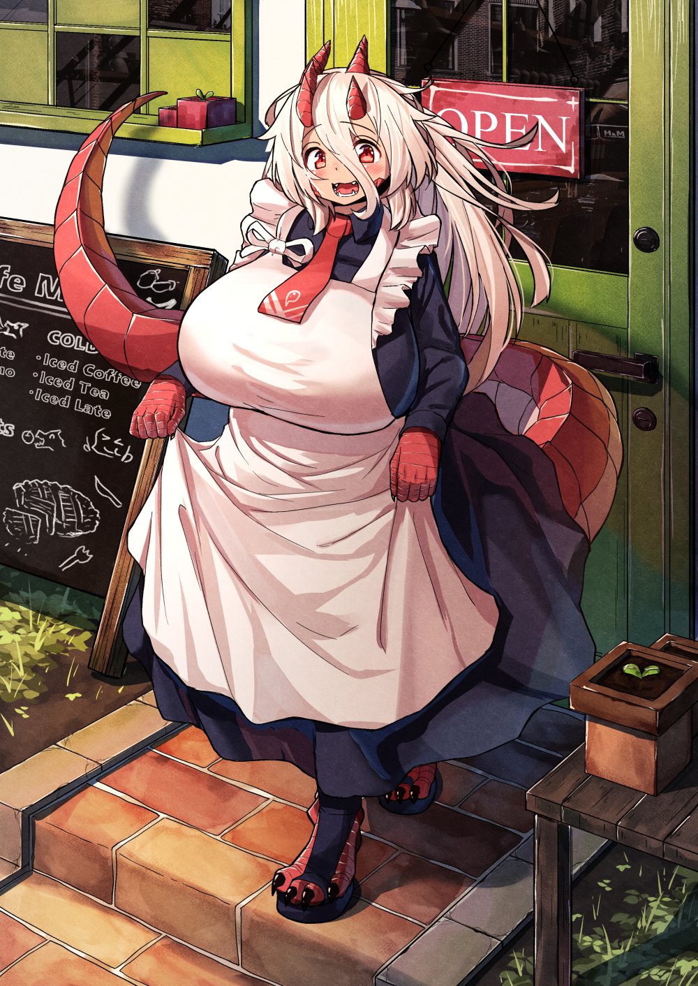 adjusting_clothes anime_nose apron barista beige_hair big_breasts big_eyes blush blush_lines blushing breasts brick_floor clothed clumsy coffee_shop cream_hair cute detailed_background digitigrade digitigrade_legs door dragon_girl dress female frilled_apron hair_between_eyes huge_breasts kagarimachi_ame kagarimachi_konatsu large_breasts lifting_dress light-skinned_female light_skin lizard_girl lizard_tail long_hair mature_female menu menu_board messy_hair monster_girl mouth_open necktie open_mouth open_sign outside potted_plant red_body red_eyes red_necktie red_scales red_tail ridged_tail scales shop shy sign solo tail thick_tail toe_claws white_apron white_hair wholesome