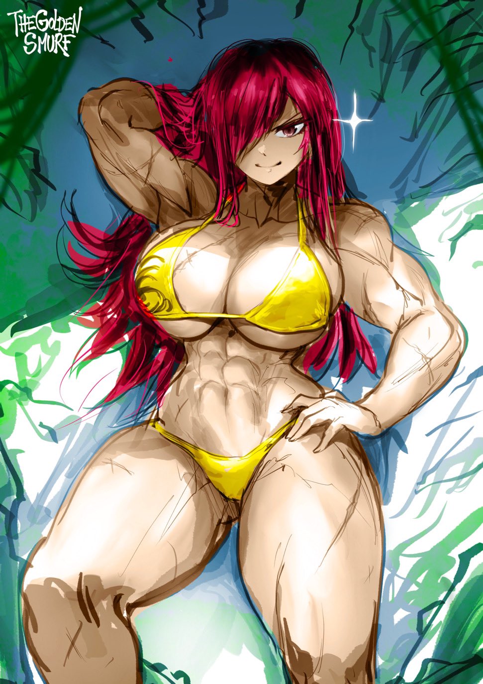 1girls, abs, almost naked, bikini, erza scarlet, fairy tail, female, muscles, muscular, muscular female, red hair, red-haired female, scar, scars, thegoldensmurf, toned, toned female