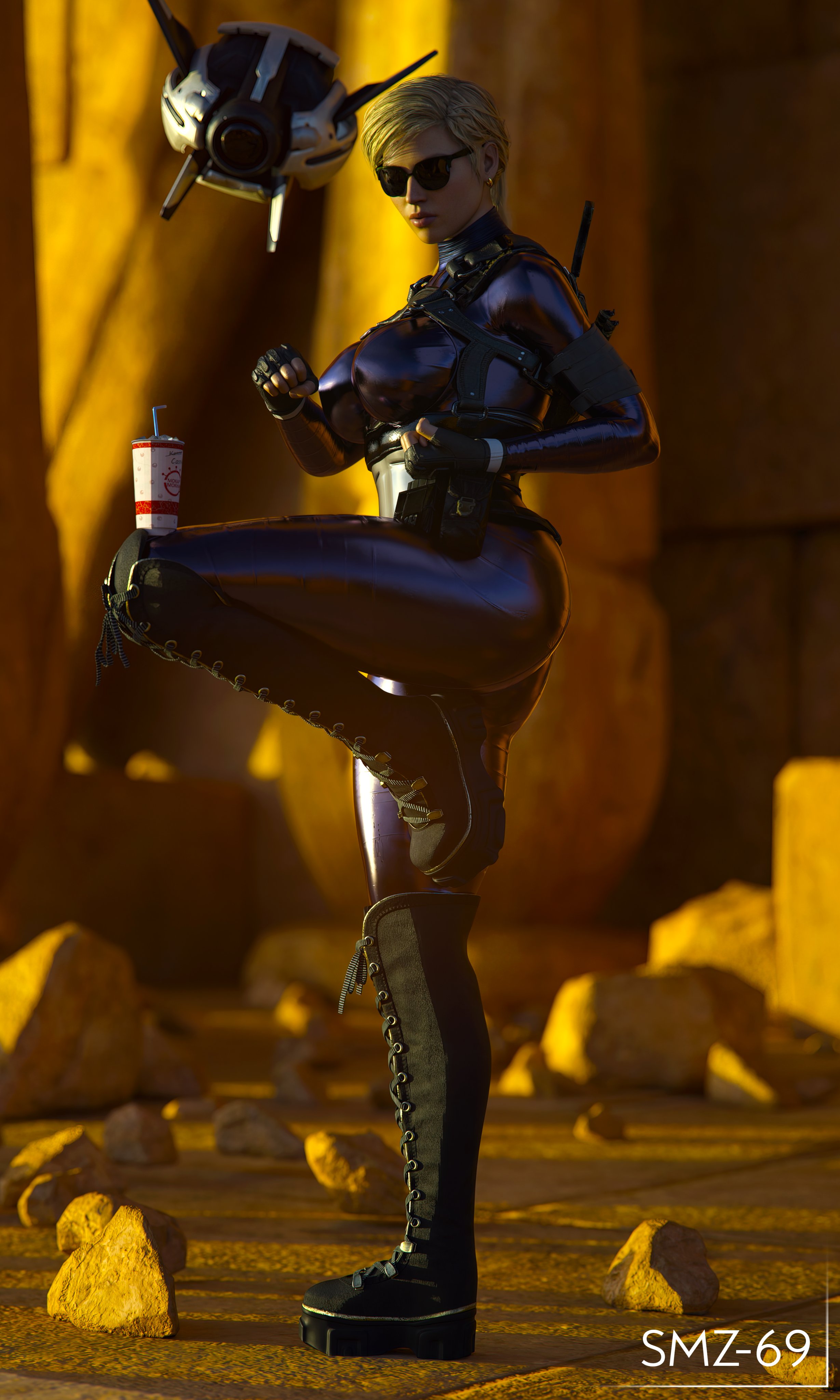 1girls, 3d, 3d (artwork), ass, big ass, big breasts, blonde hair, blue eyes, bodysuit, breasts, cassie cage, drone, earrings, erect nipples, female, female only, huge breasts, long hair, mortal kombat, mortal kombat 11, nipples, smz-69, solo, standing, sunglasses, tactical gear, thick thighs, tinted eyewear, wide hips