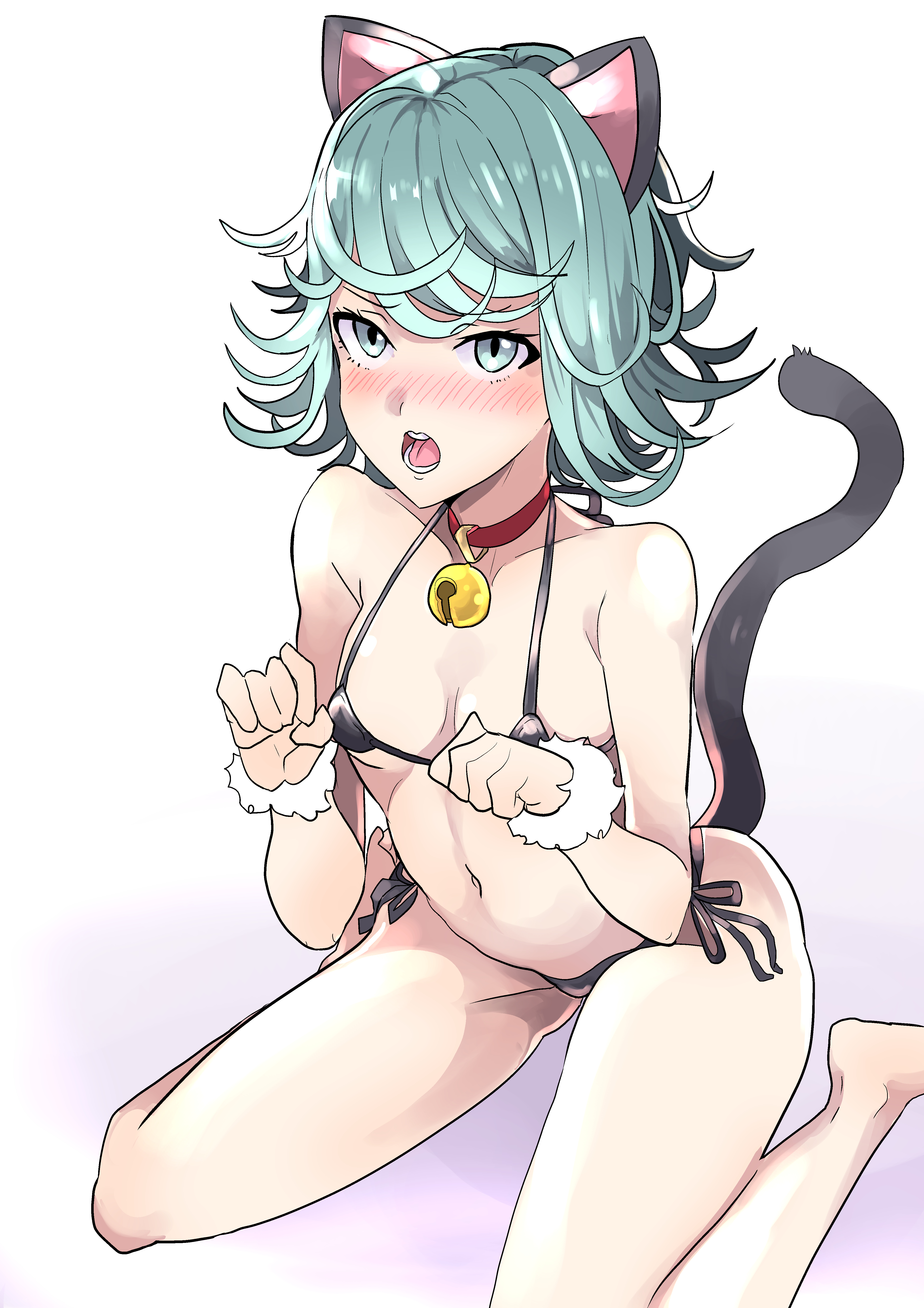 1girls, bell, bell collar, bending forward, blush, bra, brmd, cat ears, cat tail, collar, curly hair, embarrassed, female, female only, green eyes, green hair, kneeling, legs spread, looking at viewer, messy hair, nude, nude female, one-punch man, open mouth, panties, petplay, practically nude, sitting, sitting on floor, sitting on knees, spread legs, spreading, tatsumaki, white background, wrist tuft