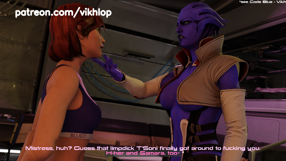 3d alien aria_t'loak asari asari_futanari blender blue_skin blued commander_shepard female femshep futa_on_female futanari human mass_effect skirt vikhlop