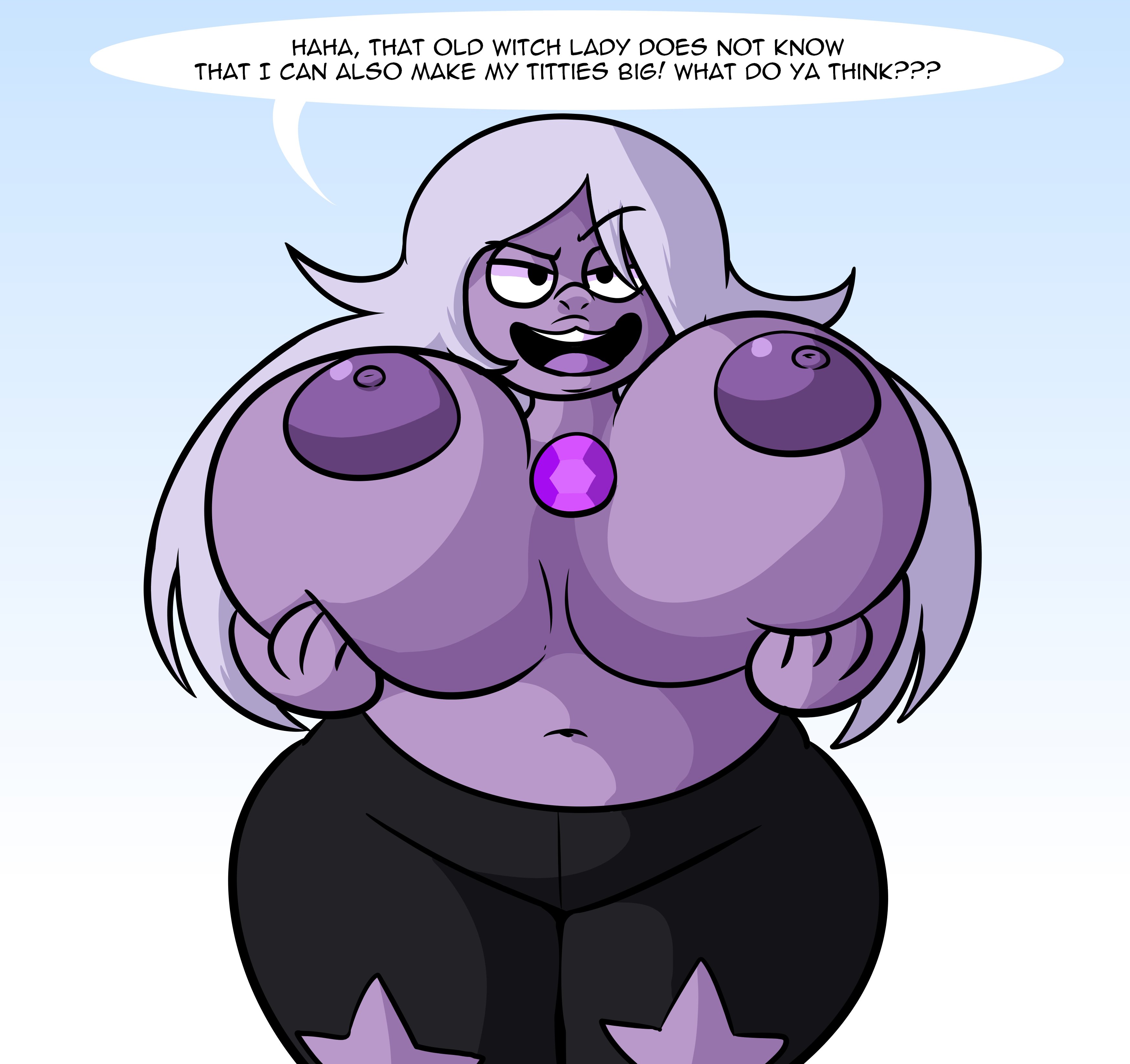 1girls, 2023, amethyst (steven universe), big breasts, breast expansion, breast growth, breast growth (enlargement), breasts, cartoon network, female, female focus, female only, grabbing own breast, huge breasts, long hair, looking at viewer, max1mus, purple body, purple hair, purple nipples, purple skin, shortstack, steven universe, voluptuous, voluptuous female