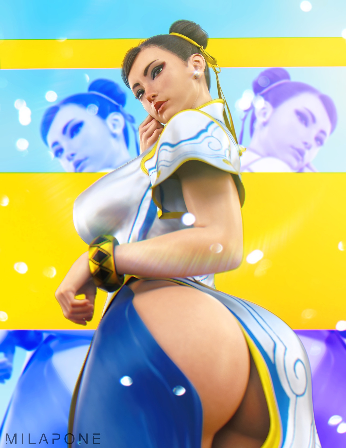 1girls, 3d, ass, ass out, athletic, athletic female, big ass, big breasts, black hair, bracelet, breasts, bubble ass, bubble butt, cameltoe, capcom, chinese clothes, chun-li, clothed, clothed female, clothes, clothing, dress, female, female only, green eyes, hi res, high resolution, high slit dress, highres, light skin, light-skinned female, milapone, muscles, muscular, muscular female, muscular thighs, pussy, solo, solo female, standing, street fighter, street fighter 6, thick thighs, tied hair, tight clothing, tights, toned, toned female, toned legs, twitter username, wide hips