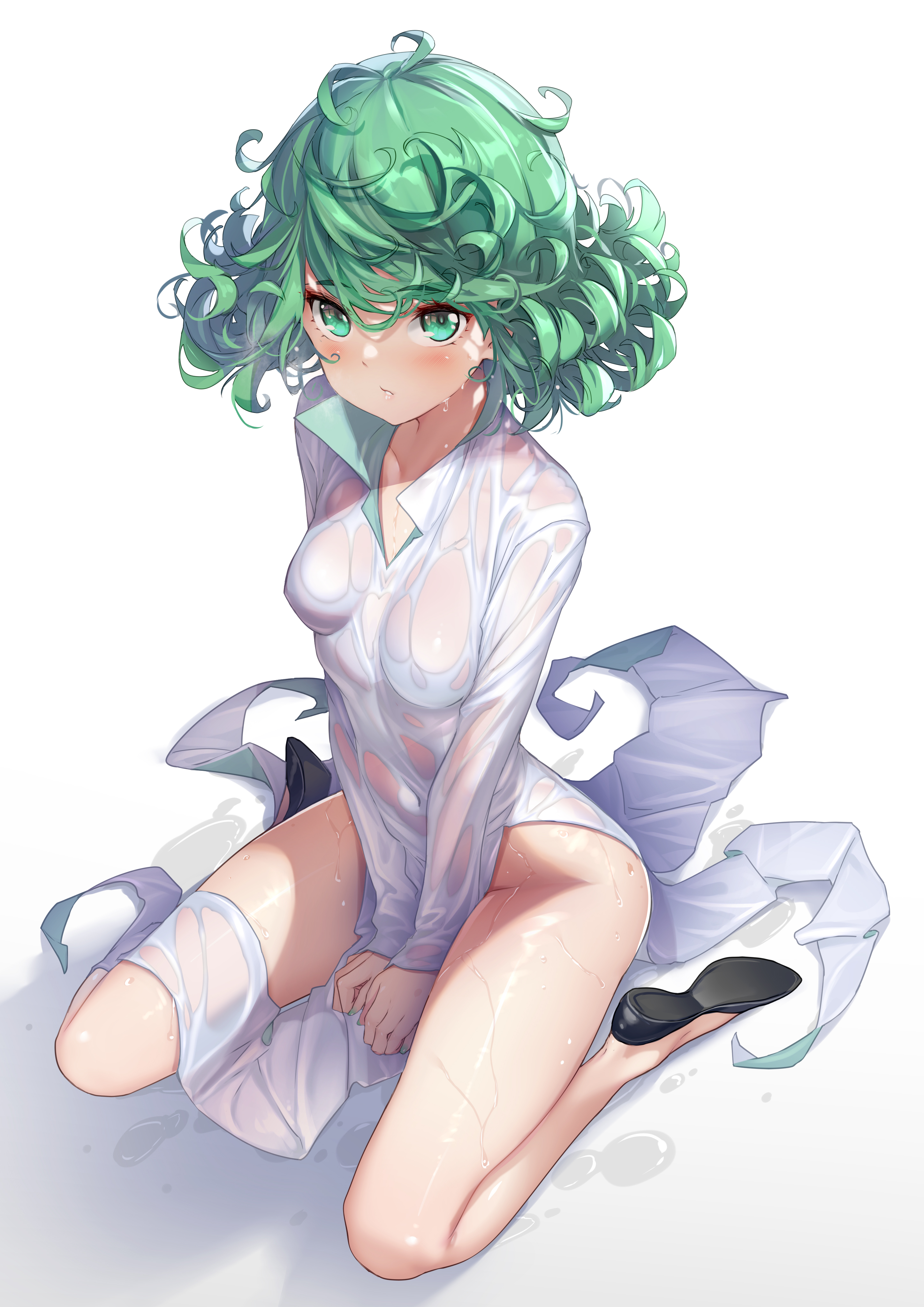 1girls, arms between legs, black shoes, blush, clenched hands, curly hair, cute, female, female only, flats, green eyes, green hair, green-haired female, hands between legs, hong (white spider), kneeling, legs spread, long hair, looking at viewer, messy hair, one-punch man, petite, raincoat, shadow, shoes, sitting, sitting on floor, sitting on knees, soaked, spread legs, spreading, tatsumaki, transparent clothing, wet, white background
