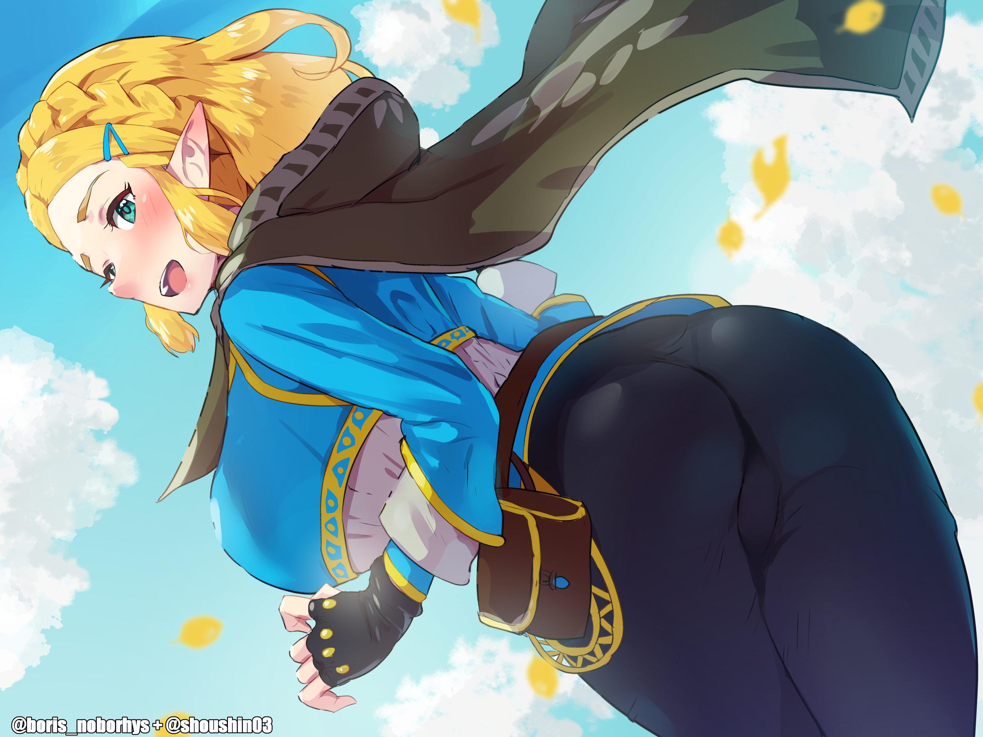 1girls, ass, black leggings, blonde hair, boris (noborhys), cape, female, fingerless gloves, gloves, leggings, nintendo, princess zelda, tears of the kingdom, the legend of zelda, zelda (tears of the kingdom)
