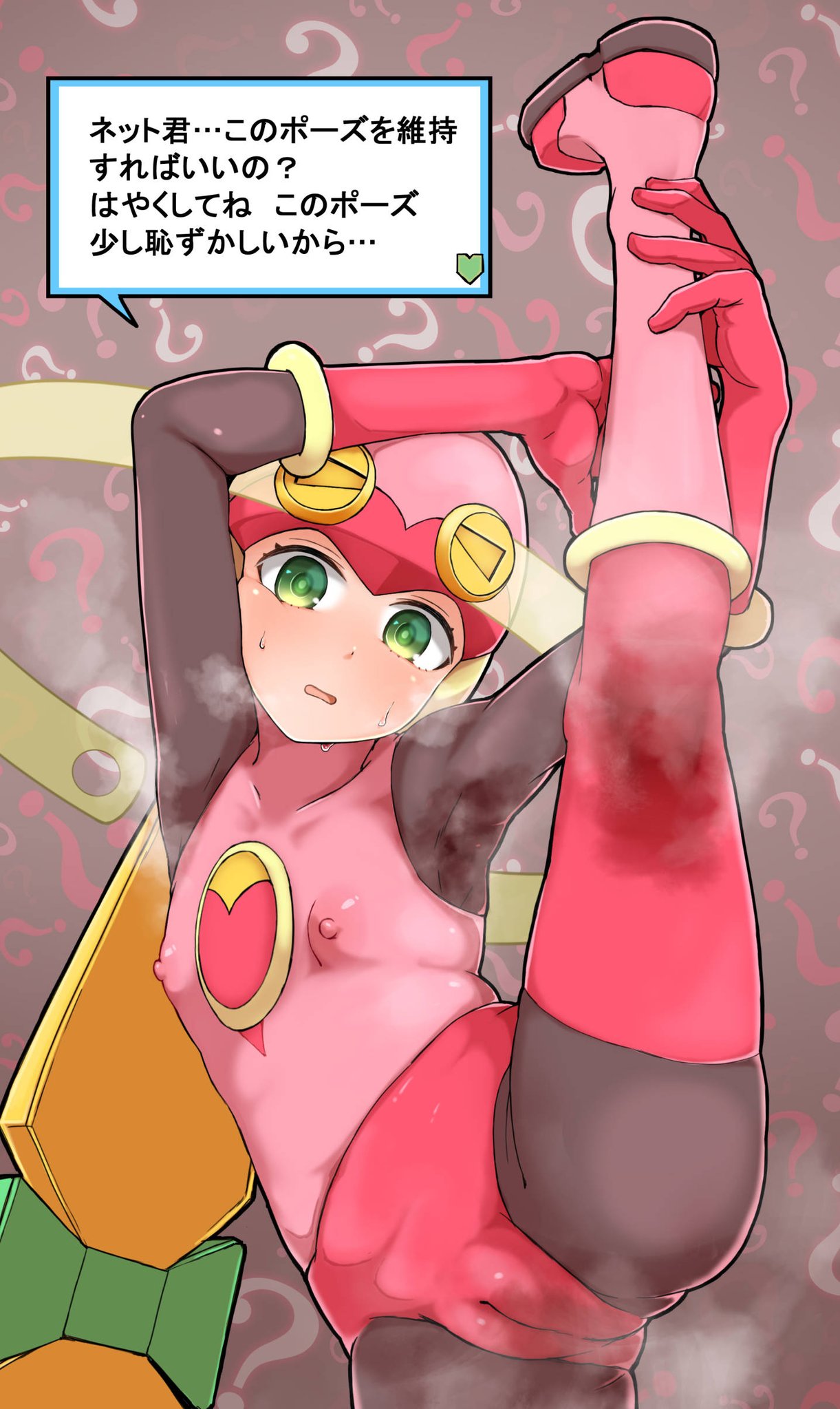 1girls armpits blonde_hair bodysuit boots cameltoe erect_nipples female flat_chest green_eyes leg_up light-skinned_female long_hair mega_man mega_man_battle_network nanishimezi ponytail pussy roll.exe small_breasts solo splits sweat tagme young