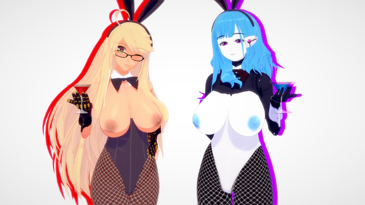 2girls 3d ahoge alma_armas areolae blonde_hair blue_hair bowtie bra_down breasts_out bunny_ears bunny_girl bunnysuit dark-skinned_female dark_skin glasses hand_behind_back hand_on_hip holding_glass kira_miki koikatsu large_breasts light-skinned_female light_skin long_hair looking_at_viewer nipples partially_clothed simple_background spiritofrei va-11_hall-a