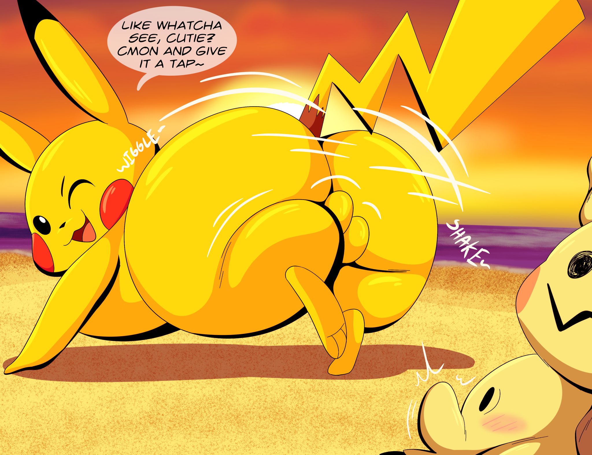 absurd res, ass, ass focus, ass shake, ass up, balls, big ass, big balls, big butt, blush, bubble ass, bubble butt, bulge, butt expansion, butt focus, clothed, clothing, duo, erection, erection under clothing, feral, gay, generation 1 pokemon, generation 7 pokemon, genitals, hi res, huge ass, huge butt, looking back, male, mimikyu, movement lines, nintendo, open smile, pikachu, pokemon, pokemon (species), presenting, presenting ass, presenting butt, presenting hindquarters, shy, smile, smiling, teasing, tepigfan101, testicles, tongue