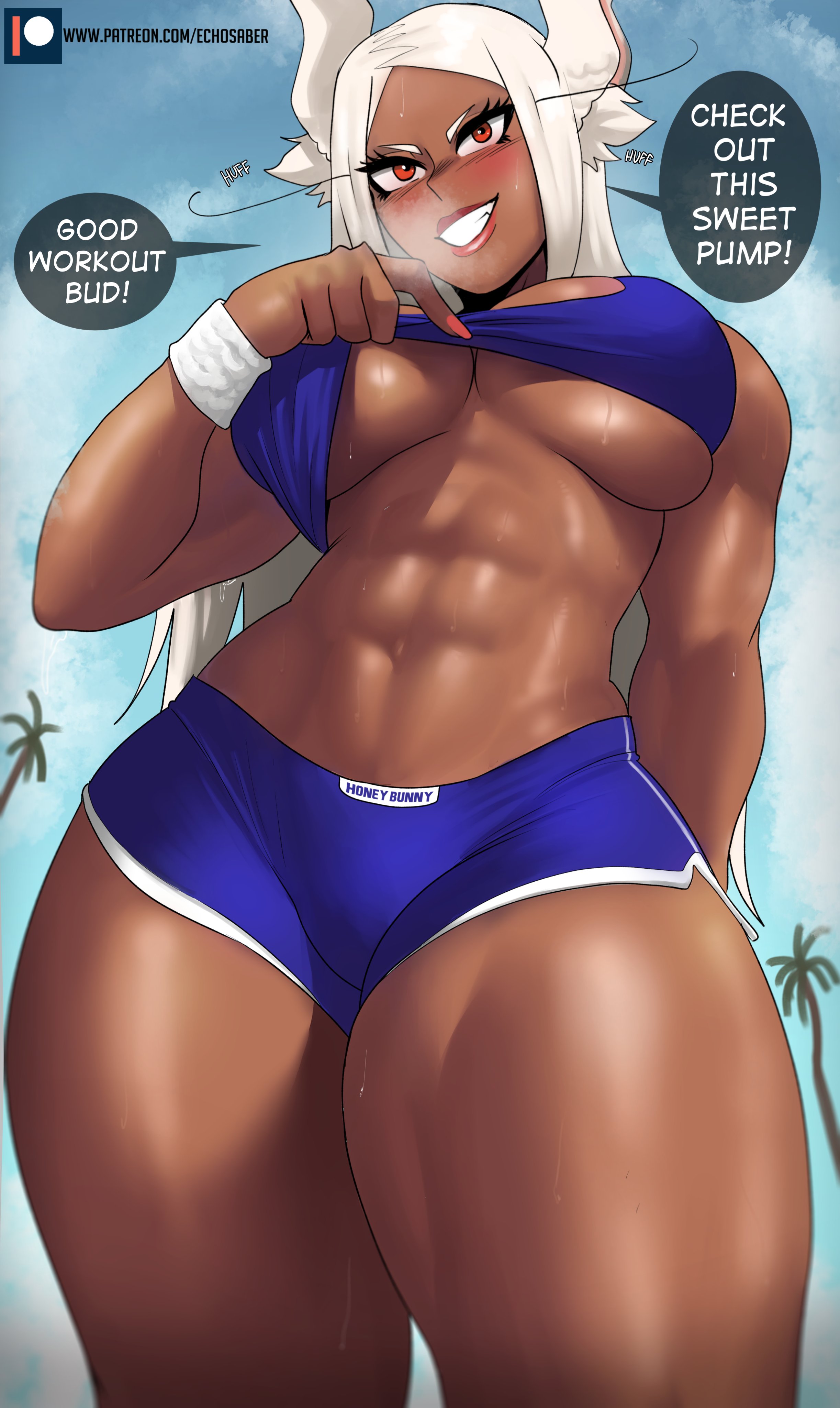 1girls, abs, big breasts, breasts, dark skin, dark-skinned female, echosaber, female, looking at viewer, miruko, muscular, muscular female, my hero academia, rumi usagiyama, solo, sportswear, thick thighs, usagiyama rumi