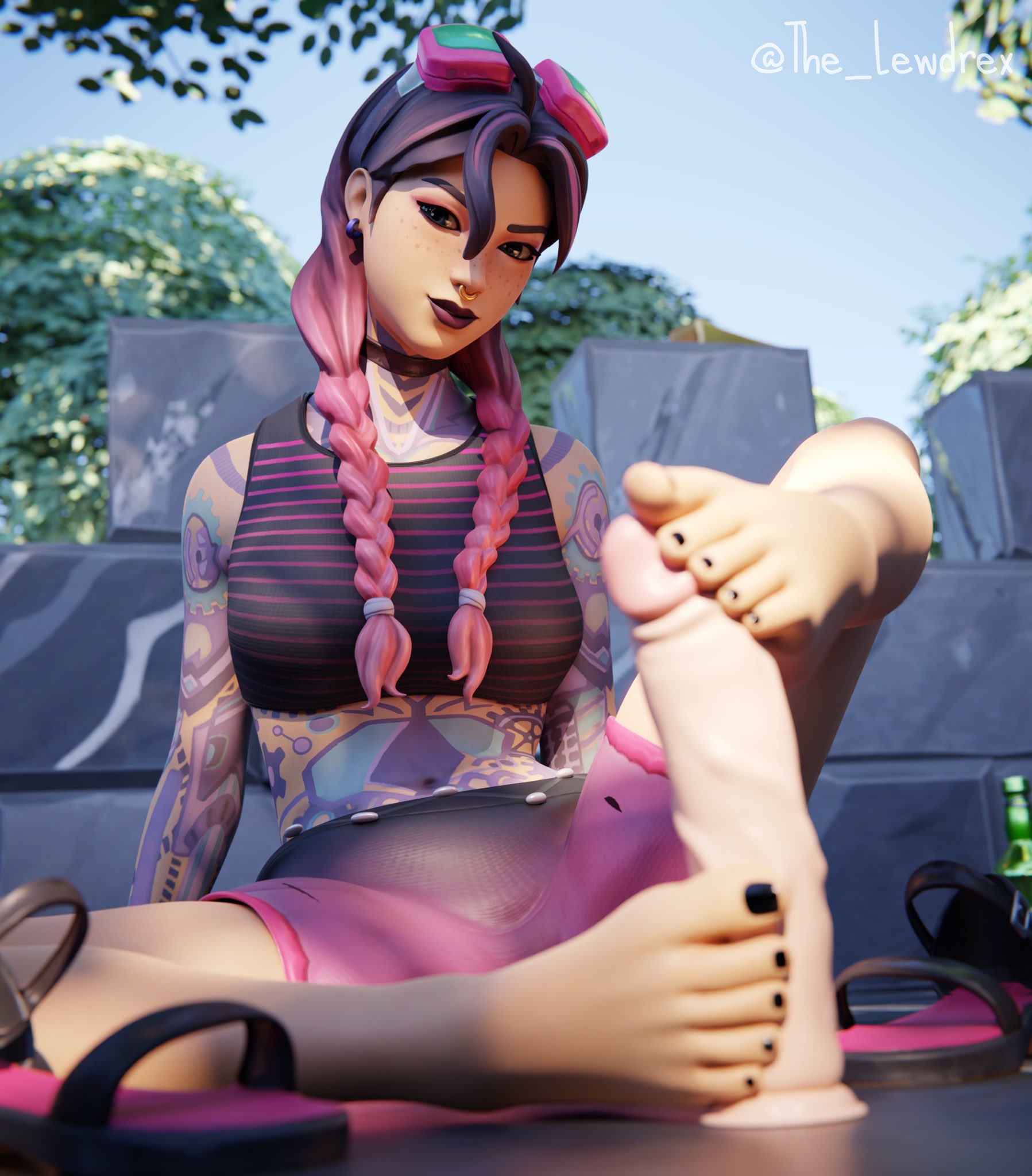 1girls, 3d, alternate version available, beach jules, black nail polish, black nails, blender, bottomwear, breasts, clothed, clothing, detailed background, dildo, ear piercing, earrings, epic games, feet, female, female focus, female only, foot fetish, footjob, fortnite, freckles, freckles on face, goggles, goggles on head, headwear, jules (fortnite), lewdrex, light skin, light-skinned female, looking at viewer, multicolored hair, nose piercing, outdoors, outside, piercing, piercings, pink hair, presenting, seductive, seductive eyes, seductive look, seductive smile, sex toy, shorts, sitting, soles, solo, solo focus, tank top, tattoo, tattooed arm, tattoos, tattoos everywhere, toes, topwear, twintails, two-tone hair, watermark