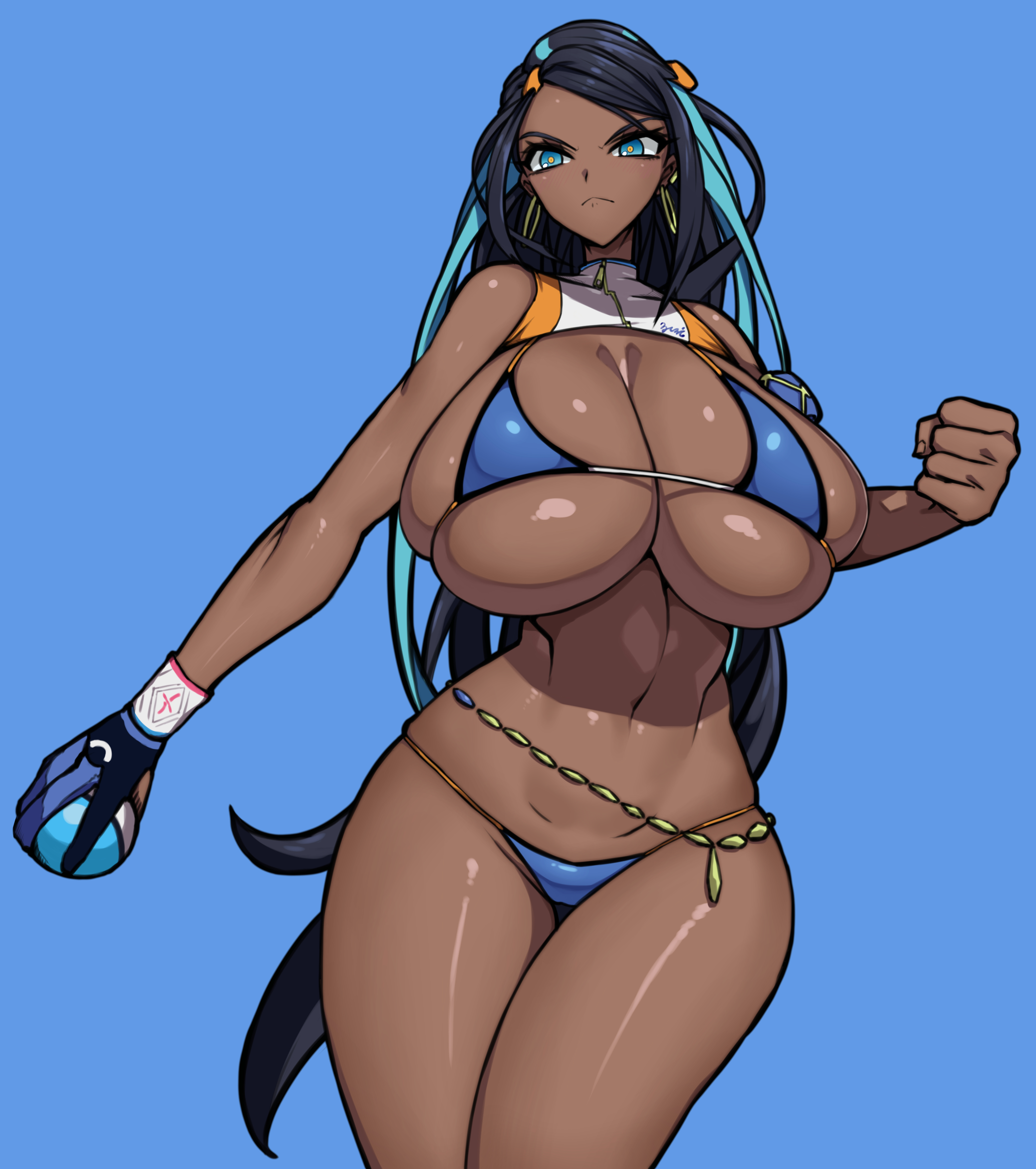 1girls, alternate breast size, bikini, black hair, blue bikini, blue eyes, breasts, dark skin, dark-skinned female, female, gym leader, huge breasts, long hair, nessa (pokemon), nintendo, pokemon, pokemon ss, tagme, thighs, wolffeld price