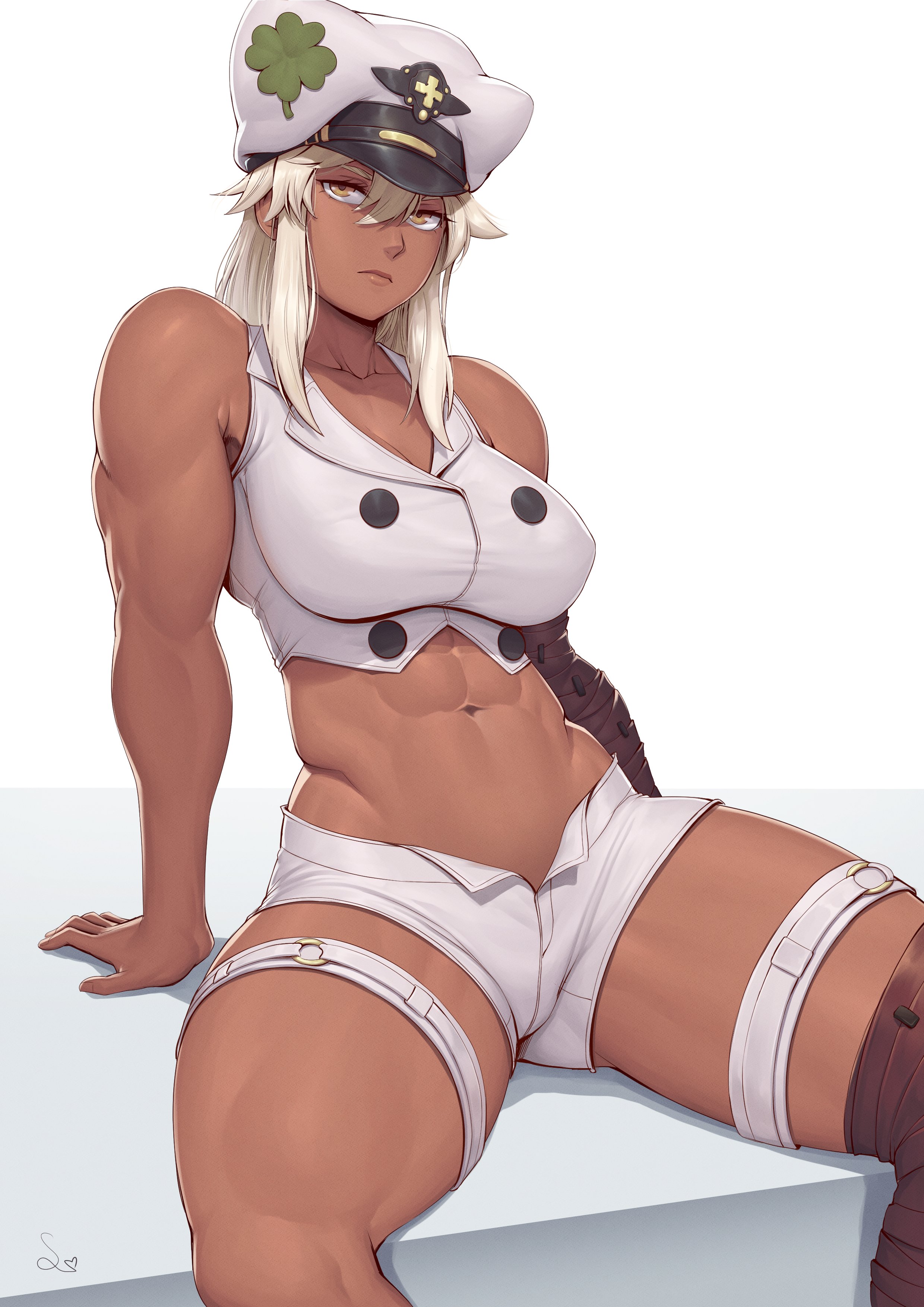 1girls, abs, absurd res, adonis belt, amber eyes, breasts, cleavage, dark skin, dark-skinned female, female, guilty gear, hi res, large breasts, looking at viewer, muscular, muscular female, navel, ramlethal valentine, shorts, signature, simple background, sitting, sitting down, solo, speedl00ver, spread legs, thick thighs, thigh strap, thighs, white background, white hair