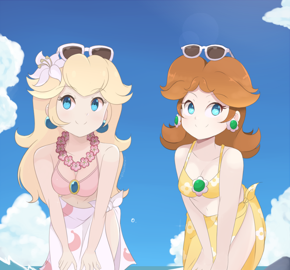 2girls beach bikini blonde_hair blue_eyes breasts brown_hair chocomiru clouds crescent_print earrings female female_only floral_print flower_earrings flower_necklace hair_flower hibiscus lei long_hair looking_at_viewer mario_(series) medium_breasts medium_hair midriff navel nintendo ocean outside pink_bikini pink_swimsuit princess_daisy princess_peach princess_peach_(swimwear) sarong sky smiling smiling_at_viewer sunglasses sunglasses_on_head super_mario_bros. super_mario_odyssey swimsuit water white_sarong yellow_bikini yellow_sarong yellow_swimsuit