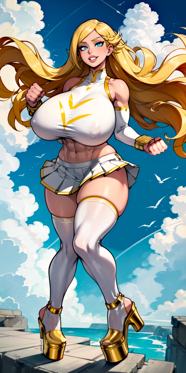 abs ai_generated bimbo bimbofication bimbofied blonde_hair blue_eyes clouds glory_girl hair_spread_out high_heels huge_breasts long_hair midriff miniskirt parahumans pleated_skirt tagme thick_lips thighhighs toned_female victoria_dallon white_shirt white_skirt